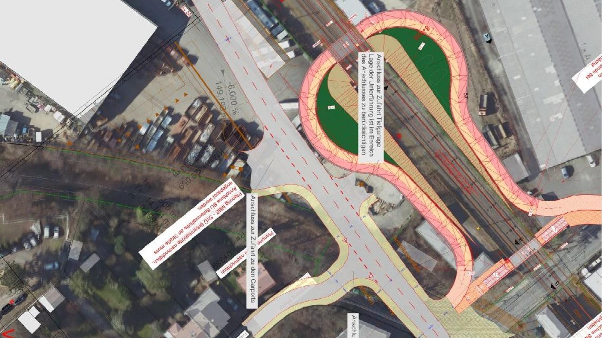 Das Foto zeigt eine Planungsskizze am Bahnübergang Tannenbergstraße