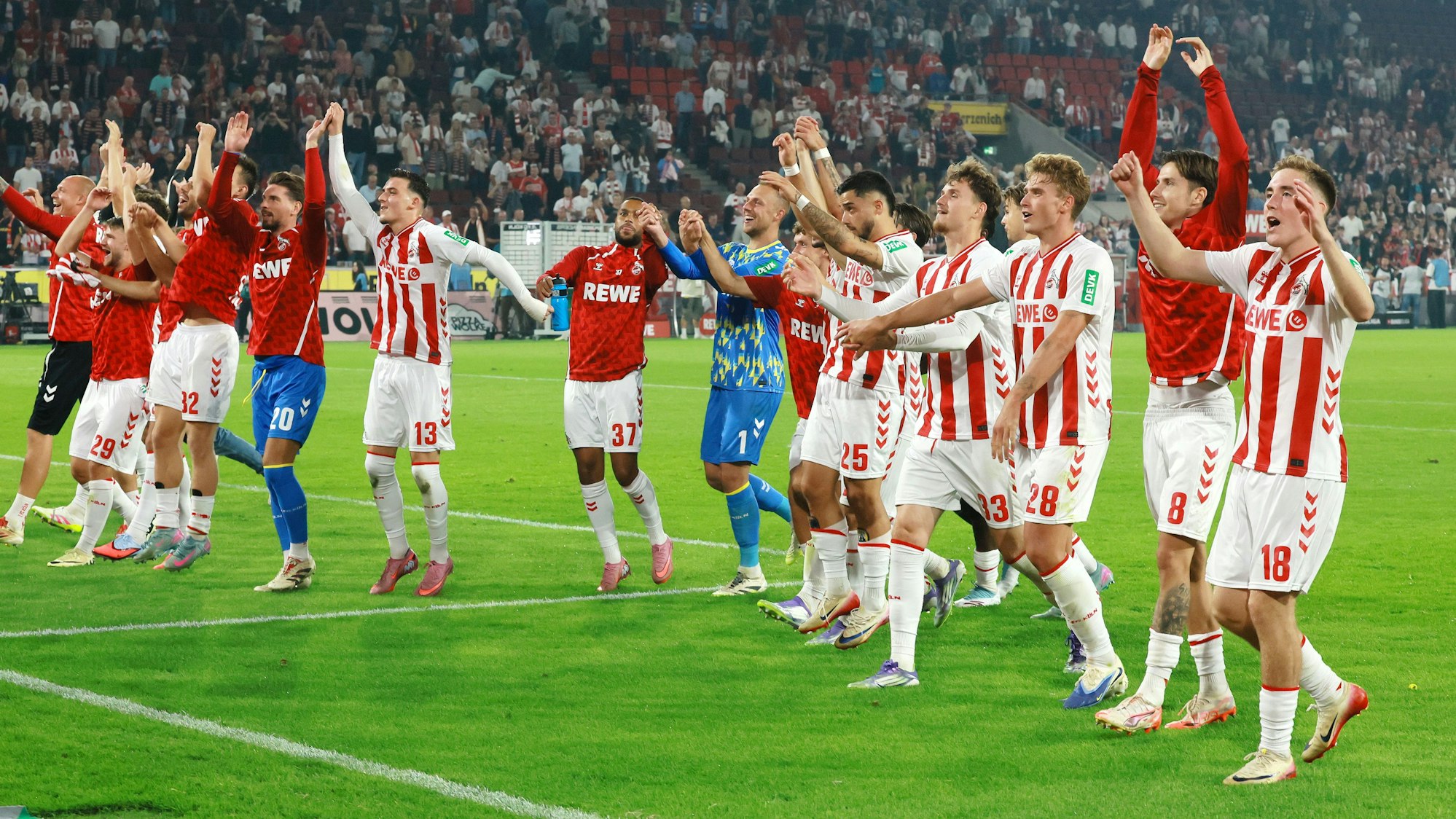 1. FC Köln vs. SC Freiburg, 2. Spieltag, 31.08.2025, 19.30 Uhr, Jubel nach dem Spiel vor der Südtribüne (1. FC Köln), Bild: Herbert Bucco