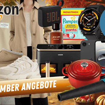 Darstellung verschiedener Produkte wie Sneaker, Airfryer, Trenchcoat, Parfum, iPhone, Smartwatch und mehr vor einem herbstlichen Hintergrund.