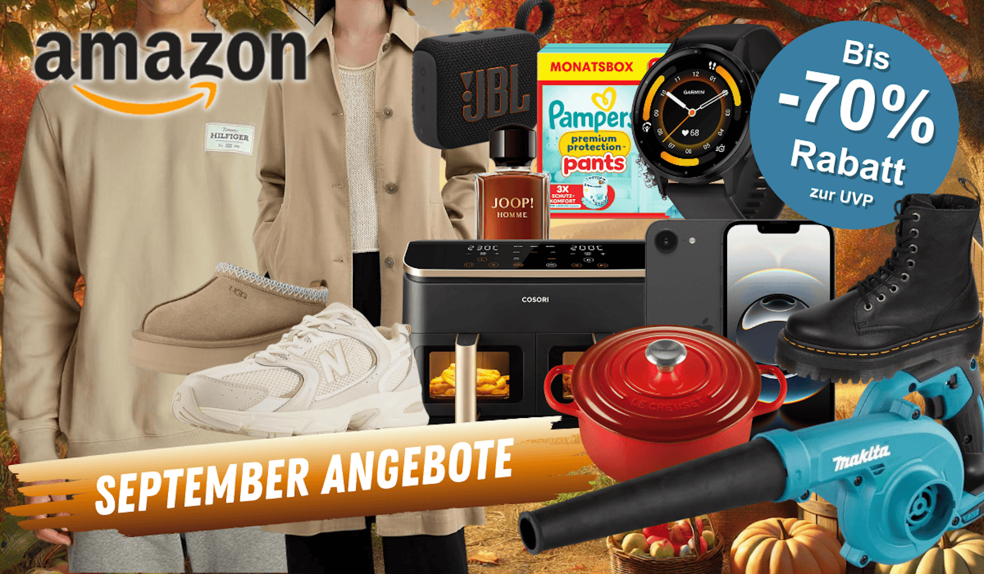 Darstellung verschiedener Produkte wie Sneaker, Airfryer, Trenchcoat, Parfum, iPhone, Smartwatch und mehr vor einem herbstlichen Hintergrund.