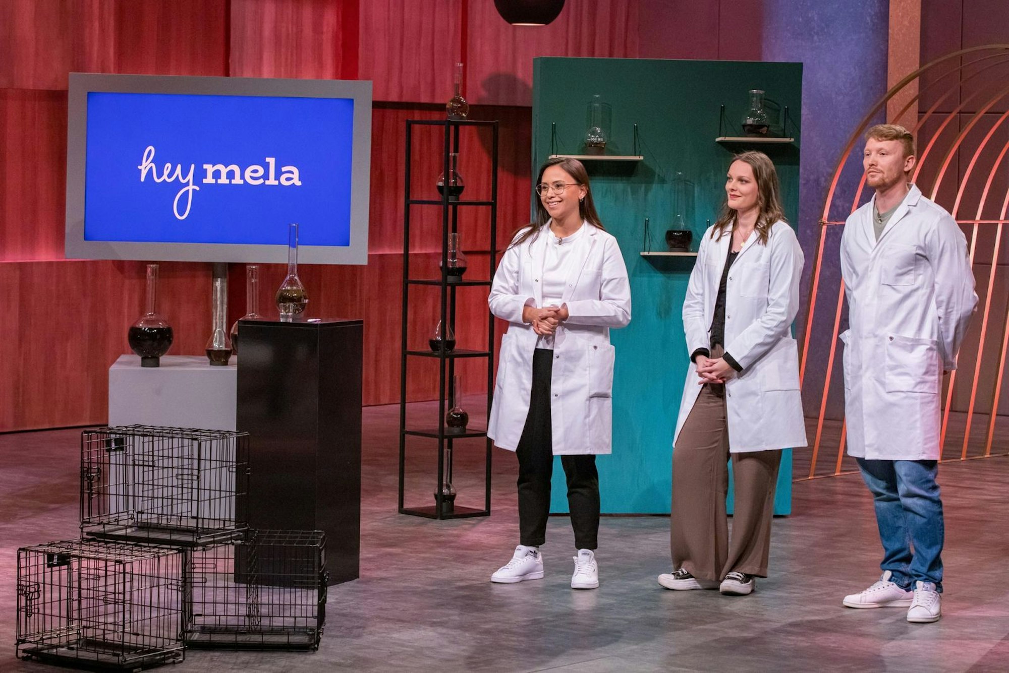 Stephanie Pfeil-Coenen, Alina Eilers und Stanislaus Hans sprechen vor dem Pitch zu „hey mela“ eine Triggerwarnung aus. (Bild: RTL / Bernd-Michael Maurer)
