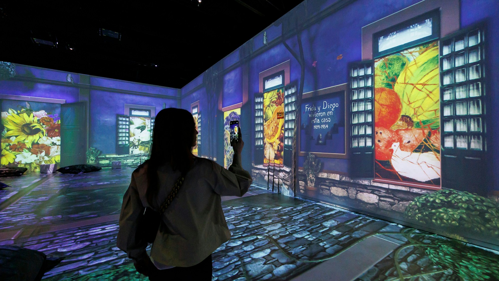 Silhouette einer Person, die in der Viva-Frida-Kahlo-Ausstellung steht.
