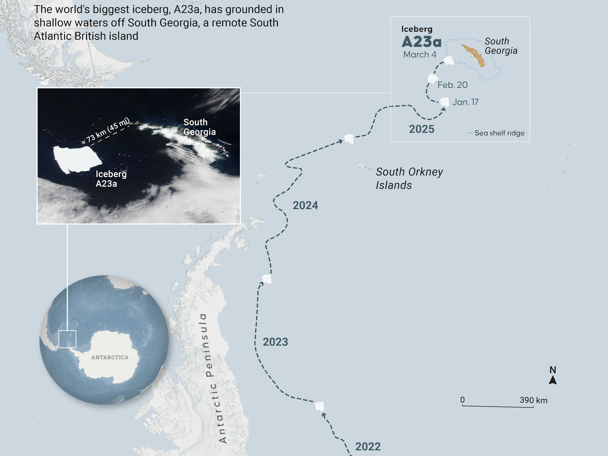 Eine Infografik zeigt den weltweit größten Eisberg A23a, der in flachen Gewässern vor der abgelegenen Insel Südgeorgien im Südatlantik auf Grund gelaufen ist. Die Darstellung wurde am 5. März 2025 in Ankara, Türkei, erstellt.