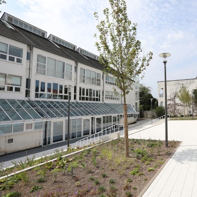 Beete und Bäume auf einem Platz mit einem hellen Gehweg, am Rande mehrere Parkplätze.