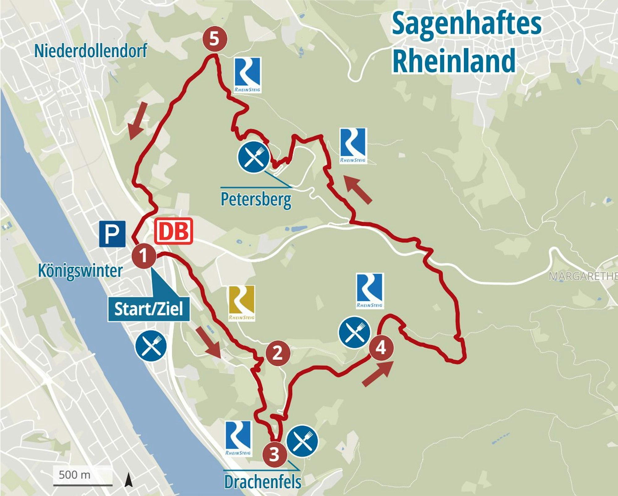 Auf einer Landkarte ist eine Wanderung eingezeichnet.