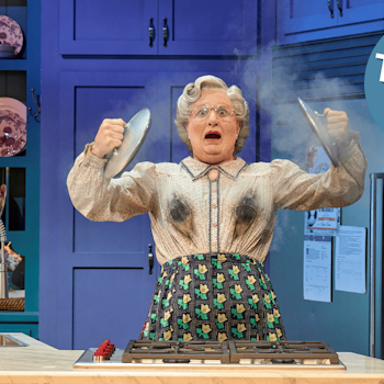 Bild aus dem Musical Mrs. Doubtfire. Mrs. Doubtfire steht in einer Küche mit Ruß auf der Kleidung und dampfenden Töpfen.