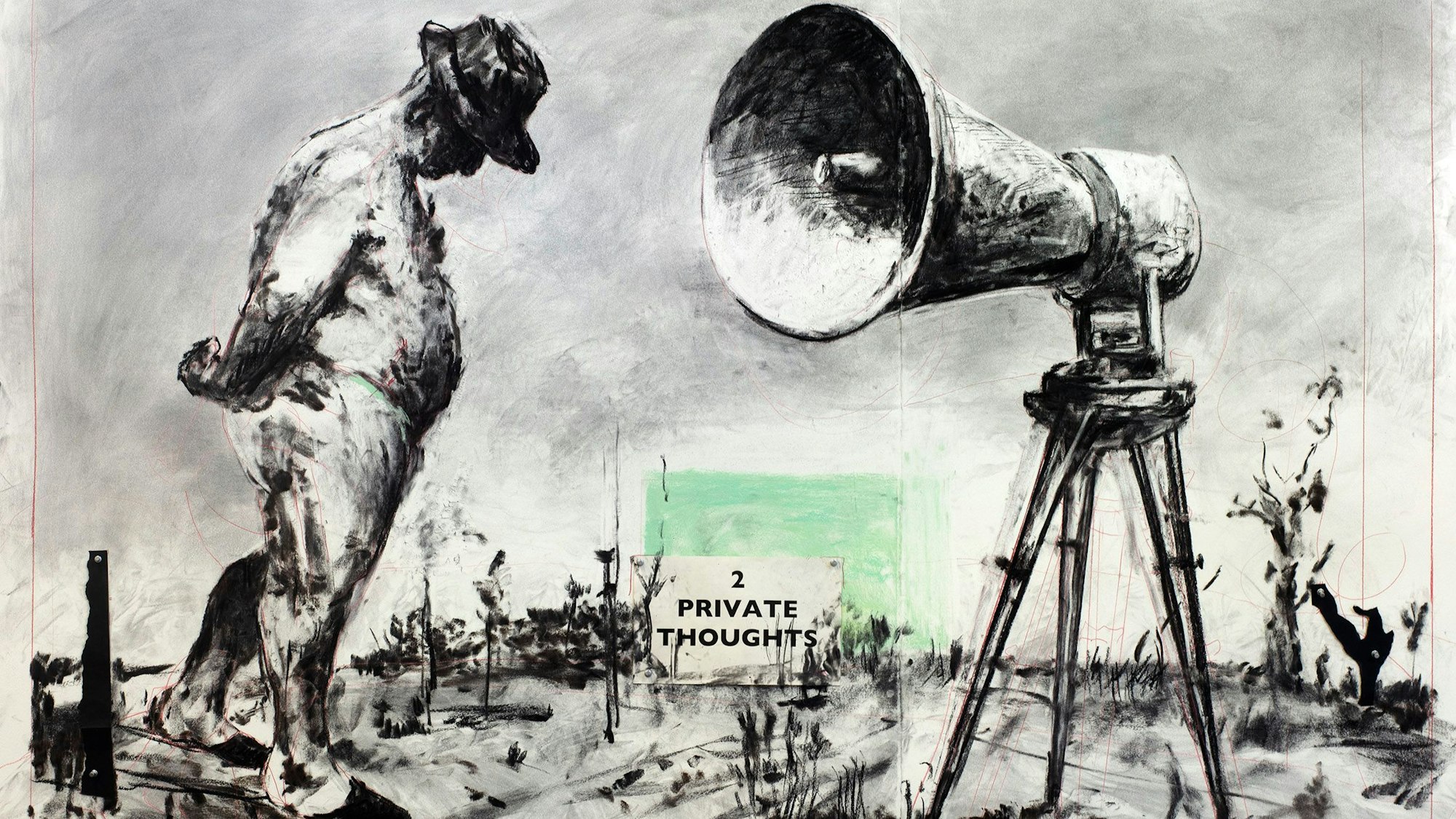 Ein Mann steht vor einem Megaphon.