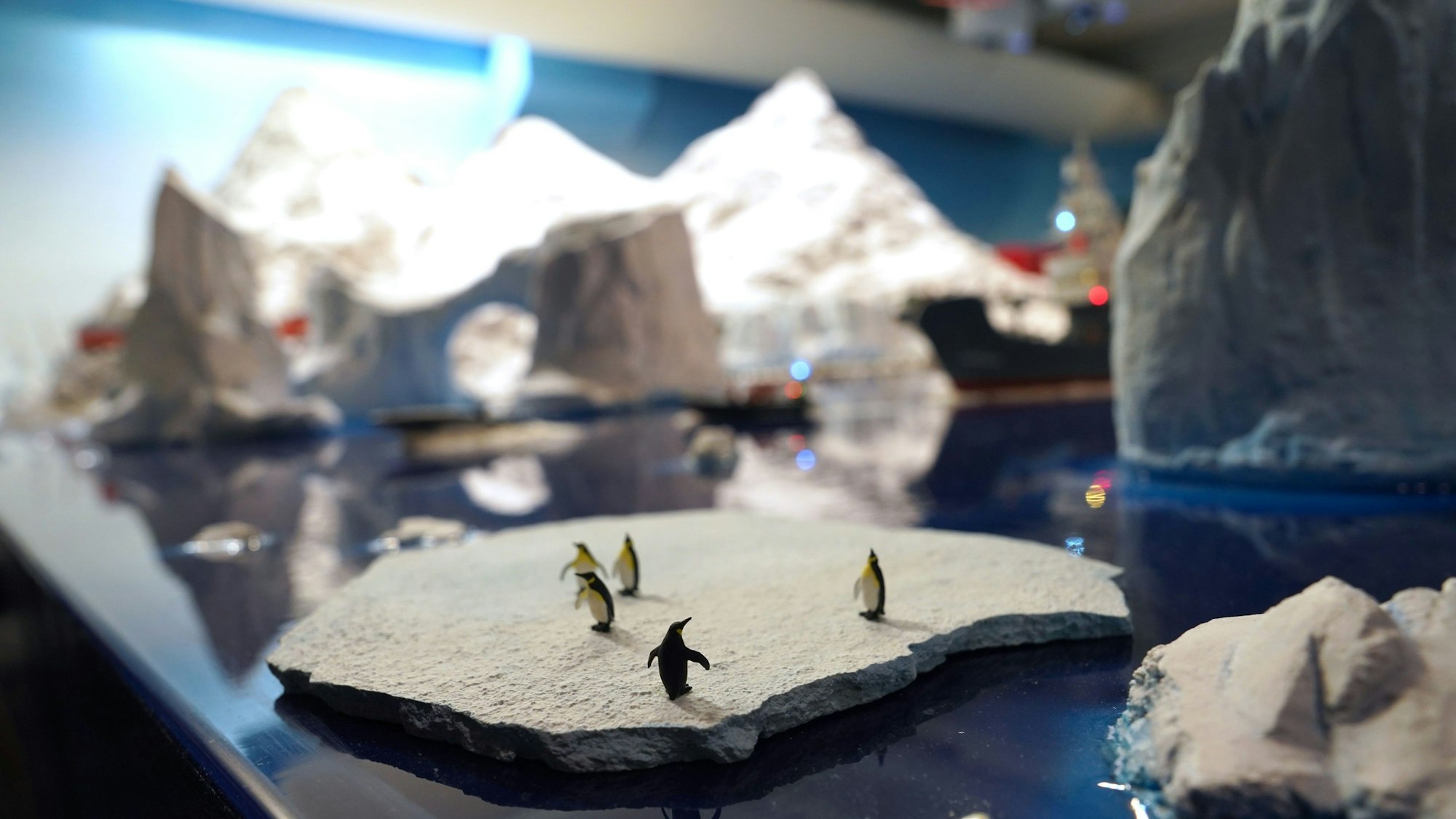 03.05.2023, Hamburg: Pinguine stehen auf einer Eisscholle in der Antarktis im neuen Abschnitt Patagonien und Argentinien im Miniatur Wunderland.