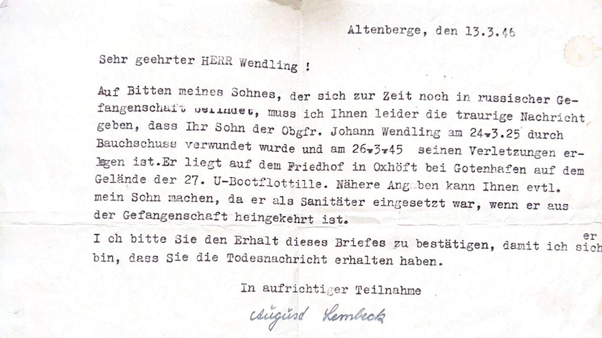 Ein Schreiben, dass den Tod von Mendlings Sohn ankündigt.