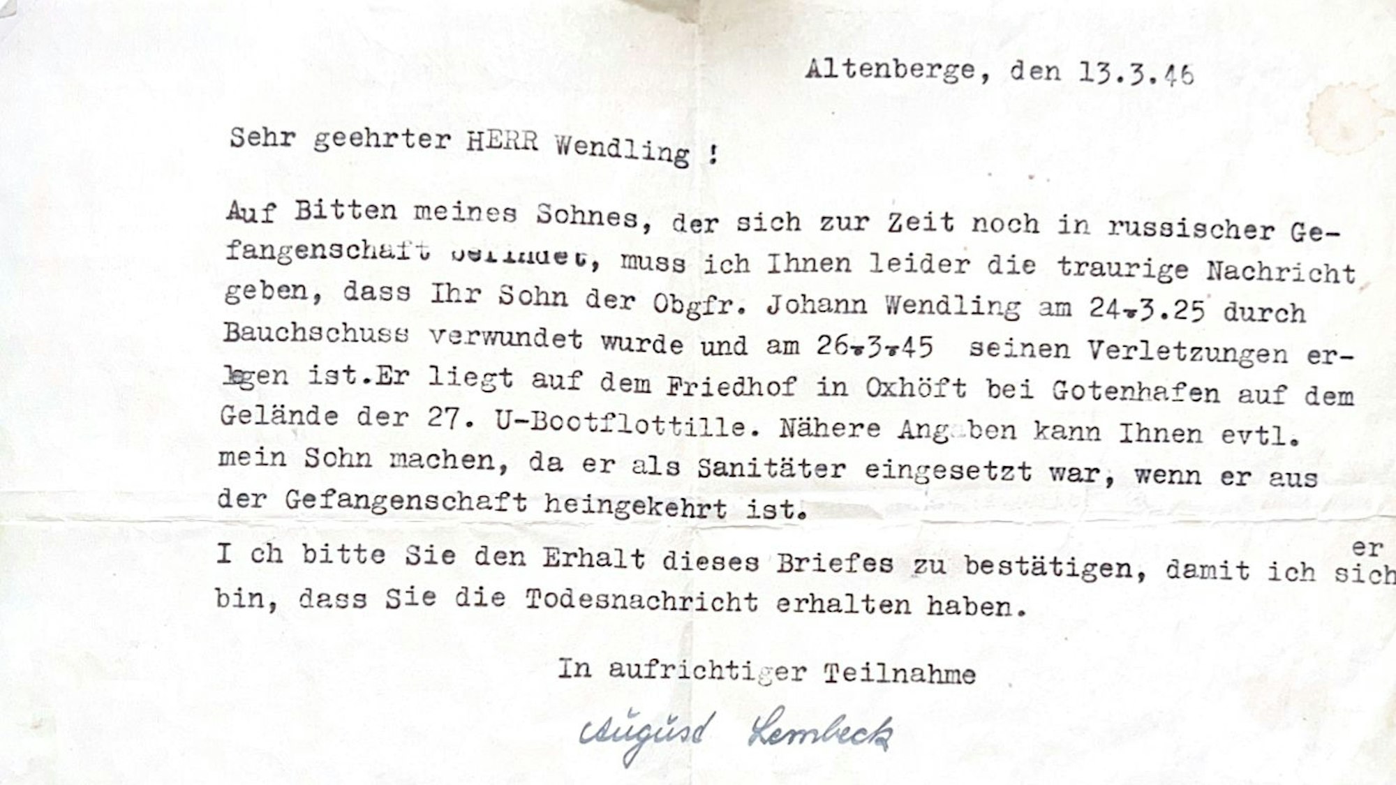 Ein Schreiben, dass den Tod von Mendlings Sohn ankündigt.