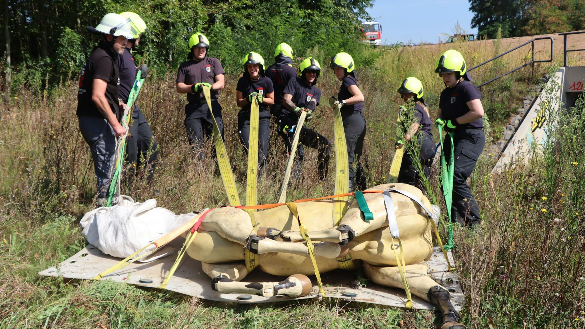 Auf dem Bild sind Feuerwehrleute zu sehen, die einen Pferde-Dummy bei einer Übung retten.