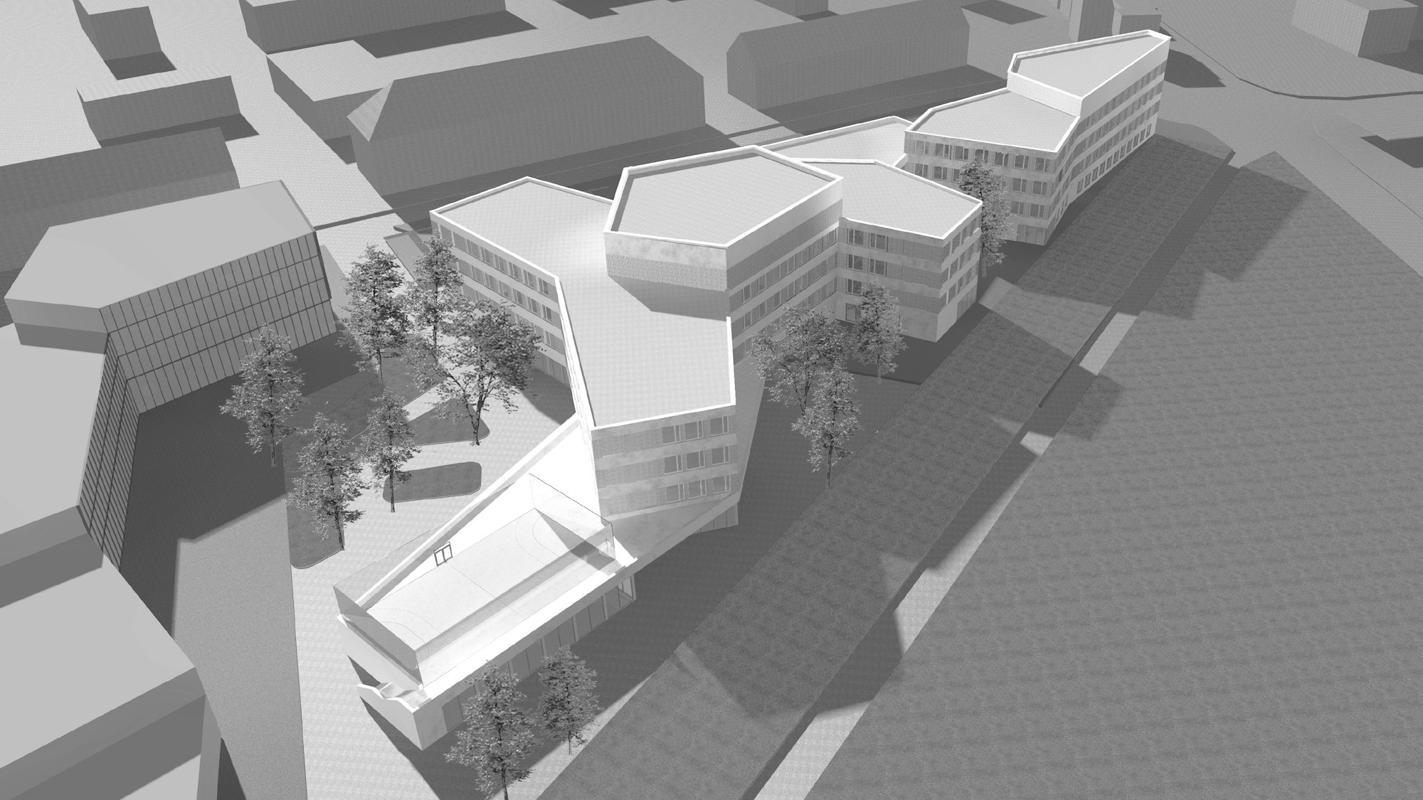 Eine Grafik zeigt, wie das mehrgeschossige und unregelmäßig gegliederte Gebäude nach der derzeitigen Planung aussieht.