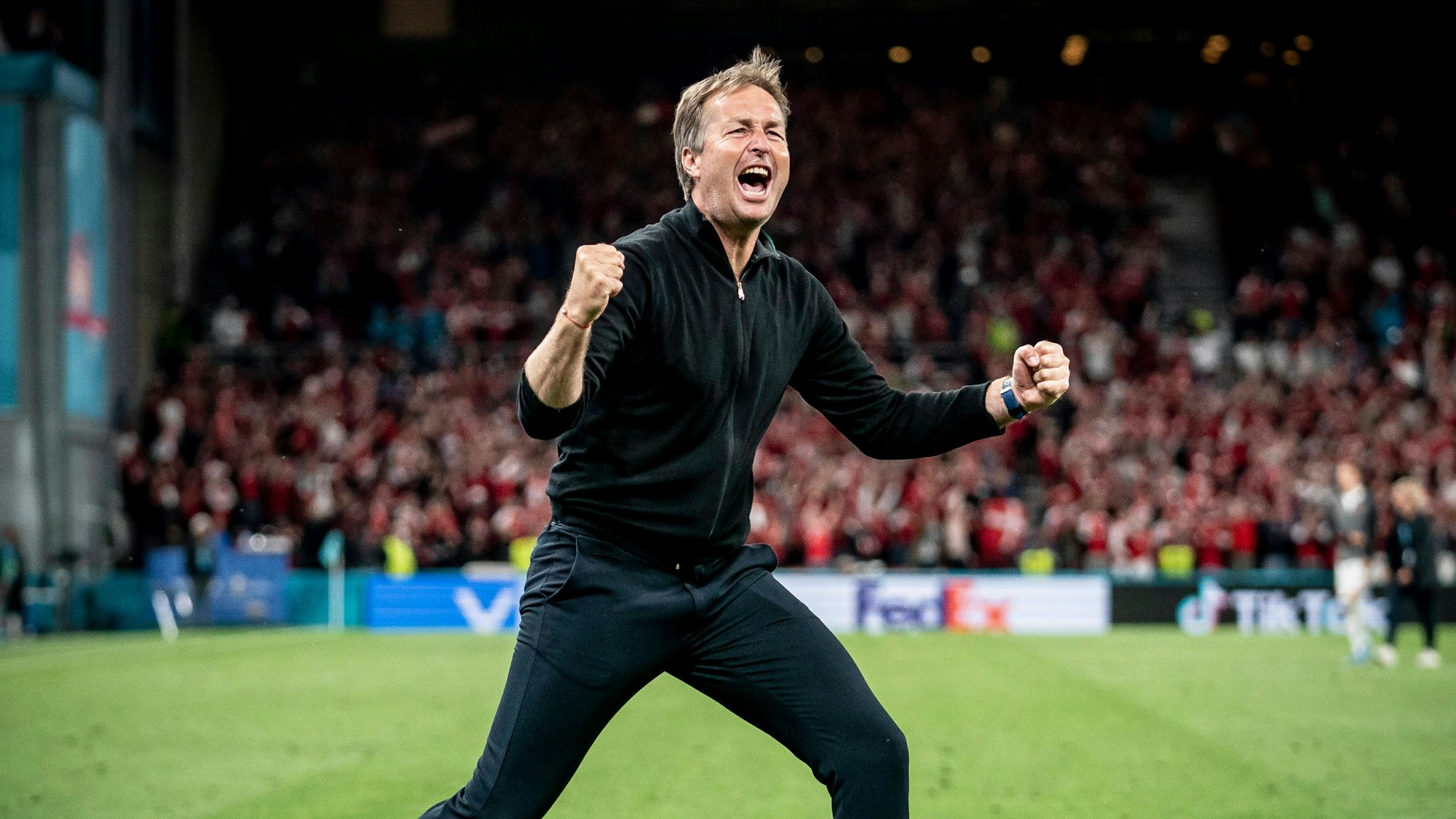 Kasper Hjulmand als dänischer Nationaltrainer im Stadion Parken in Kopenhagen