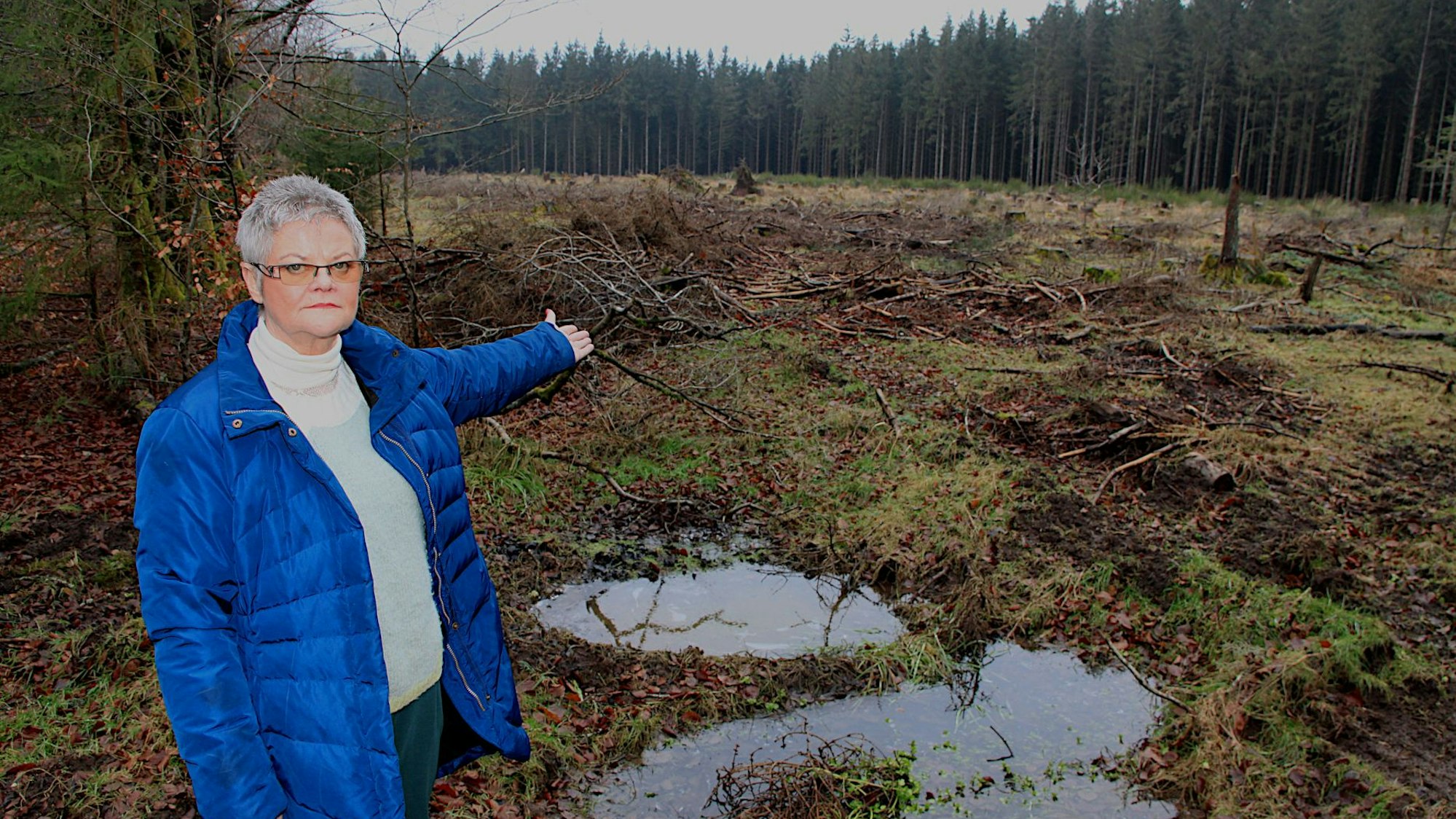 Eine Frau mit grauen Haaren in blauer Windjacke steht vor einer größeren gerodeten Fläche im Wald und deutet darauf.