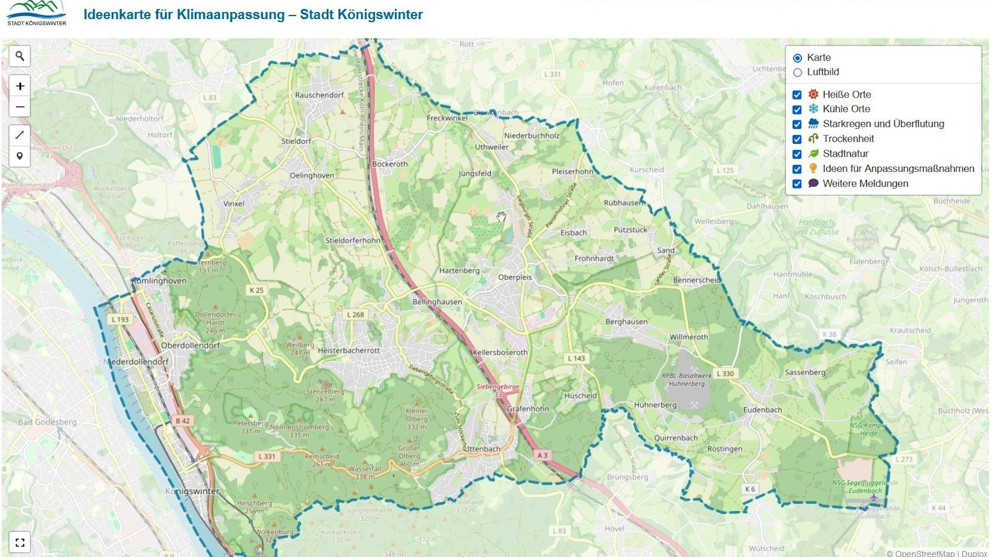 Eine Karte zeigt das Stadtgebiet von Königswinter.