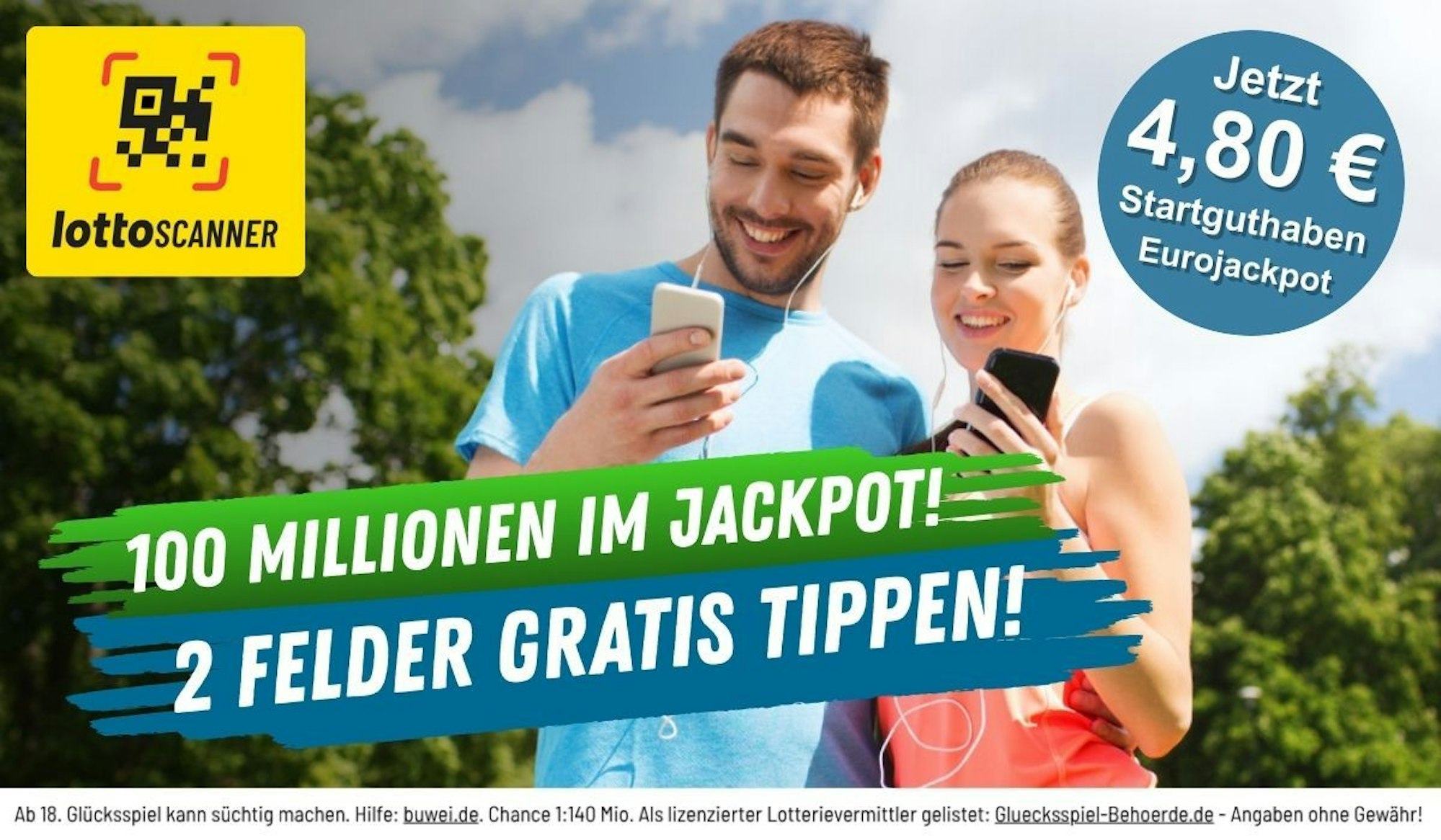 Junges Paar mit Handy in der Hand, sie schauen lächelnd darauf. Zudem zeigt das Bild das Logo von Lotto Scanner und den Schriftzug 100 Millionen im Eurojackpot.