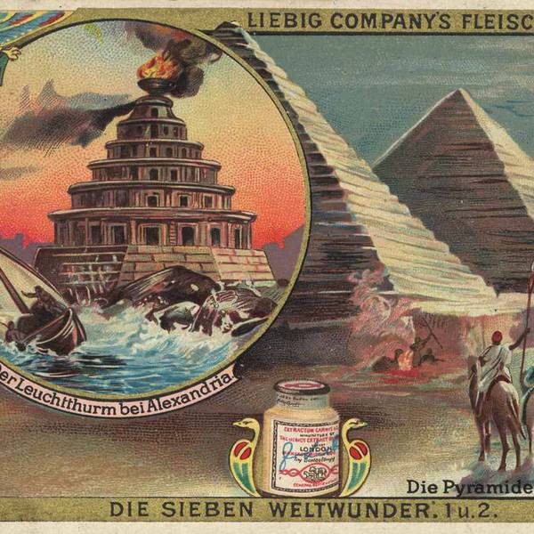 Bildserie die sieben Weltwunder, die Pyramiden von Gizeh und der Leuchtturm von Alexandria