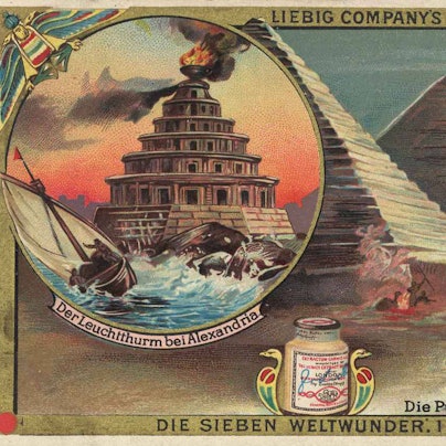 Bildserie die sieben Weltwunder, die Pyramiden von Gizeh und der Leuchtturm von Alexandria