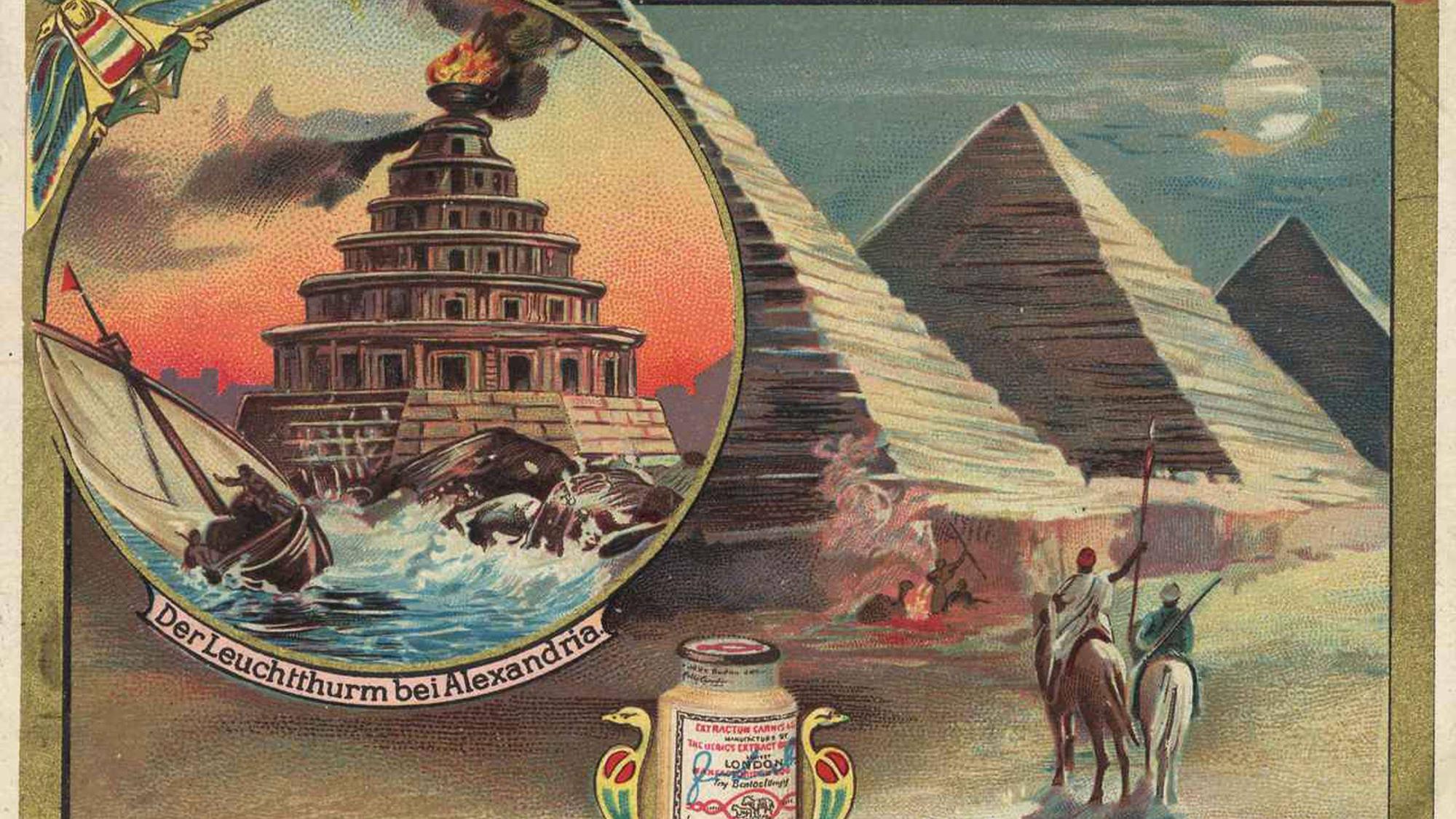 Bildserie die sieben Weltwunder, die Pyramiden von Gizeh und der Leuchtturm von Alexandria