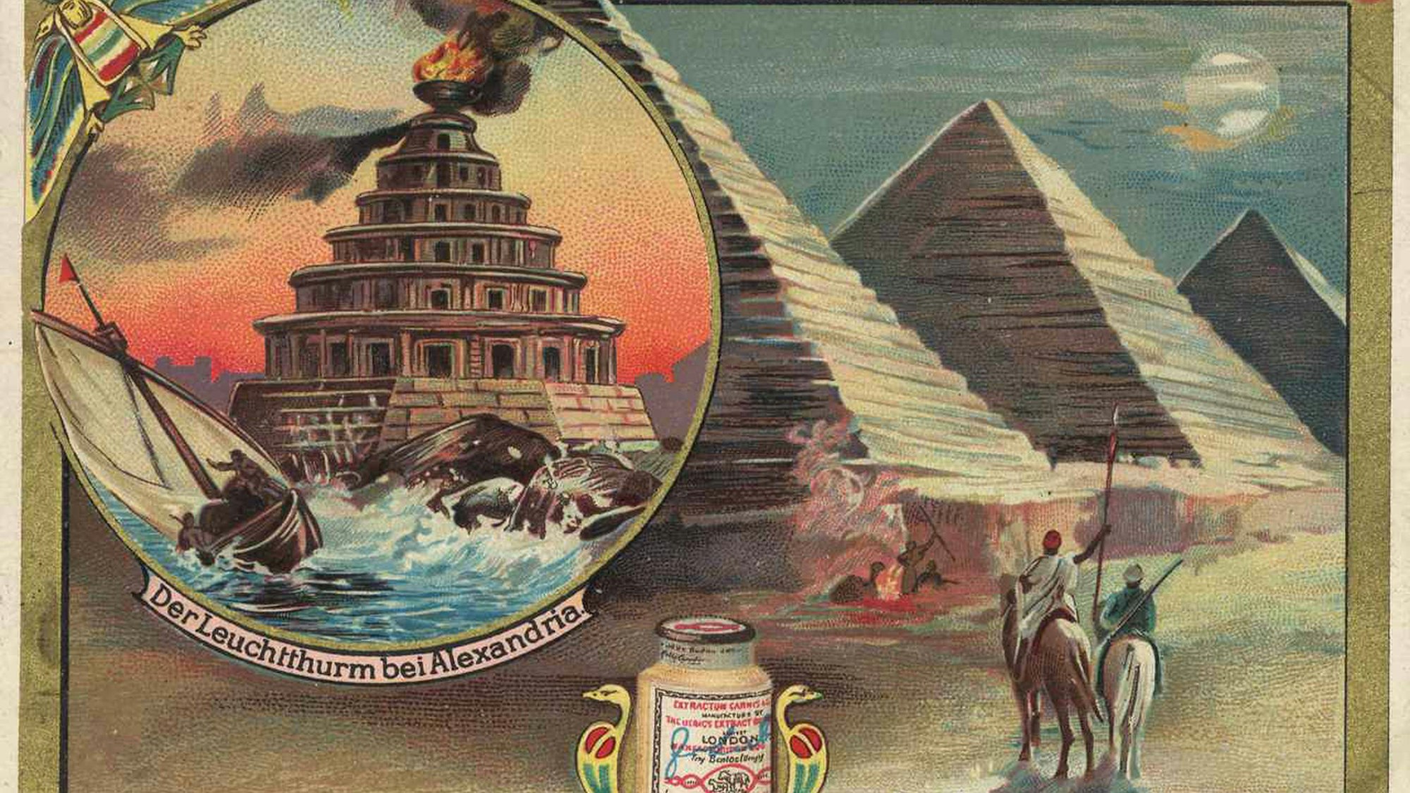 Bildserie die sieben Weltwunder, die Pyramiden von Gizeh und der Leuchtturm von Alexandria