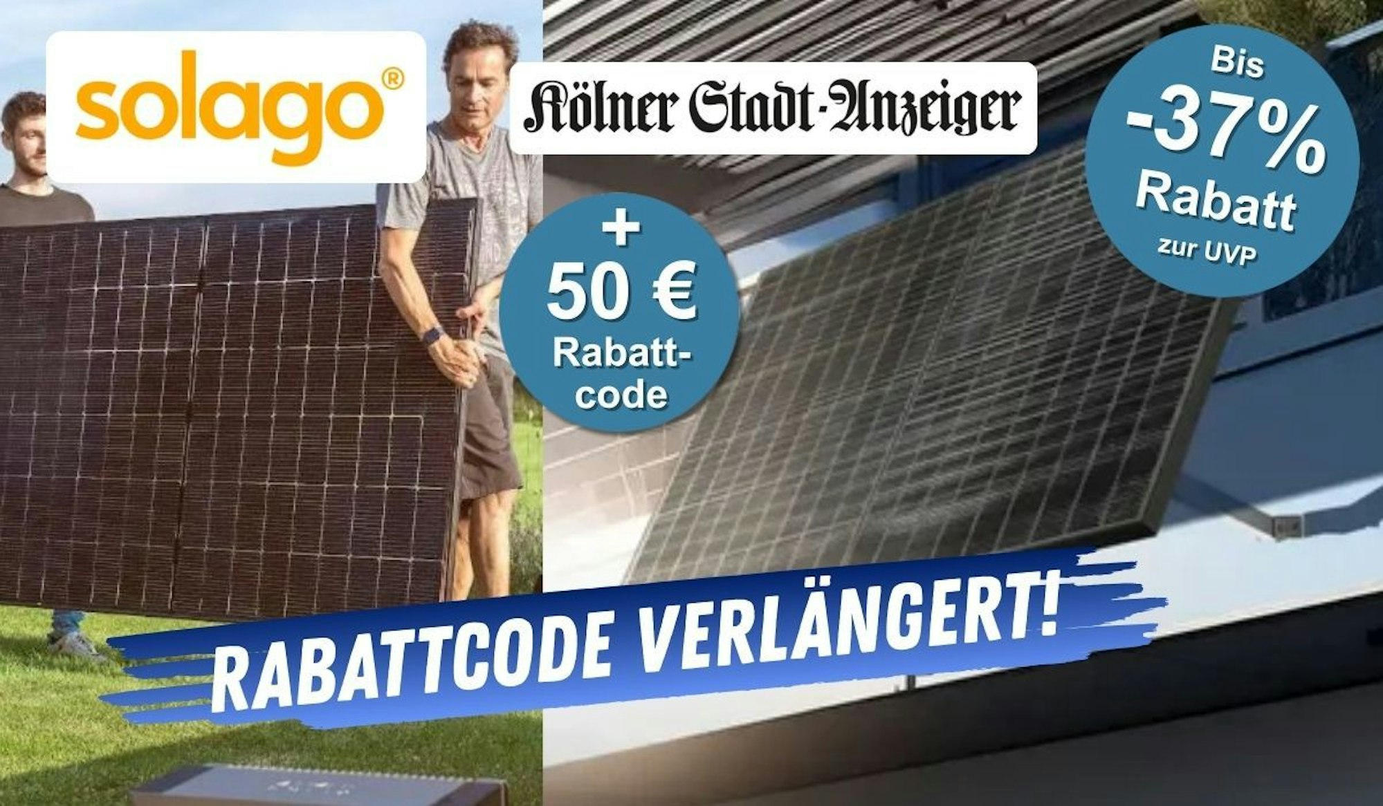 Zwei Männer tragen ein Solar-Panel in einem Garten über eine Wiese. Solago Balkonkraftwerk-Komplettset an einem Gitterbalkon angebracht. Info über exklusiven KStA-Rabattcode im Wert von 50 €.