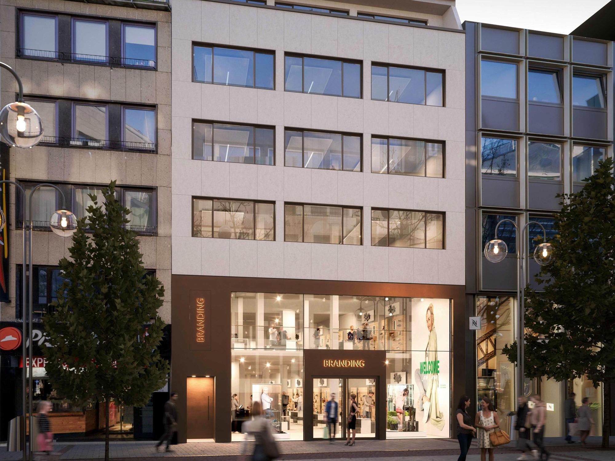 So soll die neue Fassade aussehen. Einzelhandel findet nur im Erdgeschoss und in der ersten Etage statt.