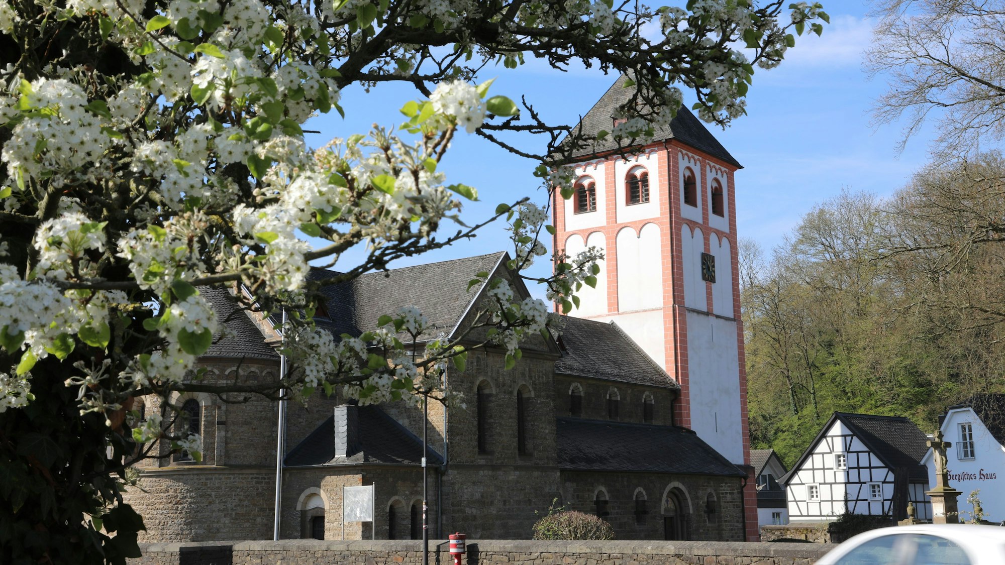 Ein alter romanischer Kirchturm mit rot-weißem Mauerwerk, ein Kirchenschiff in braunem Bruchstein, davor ein blühender Obstbaum.