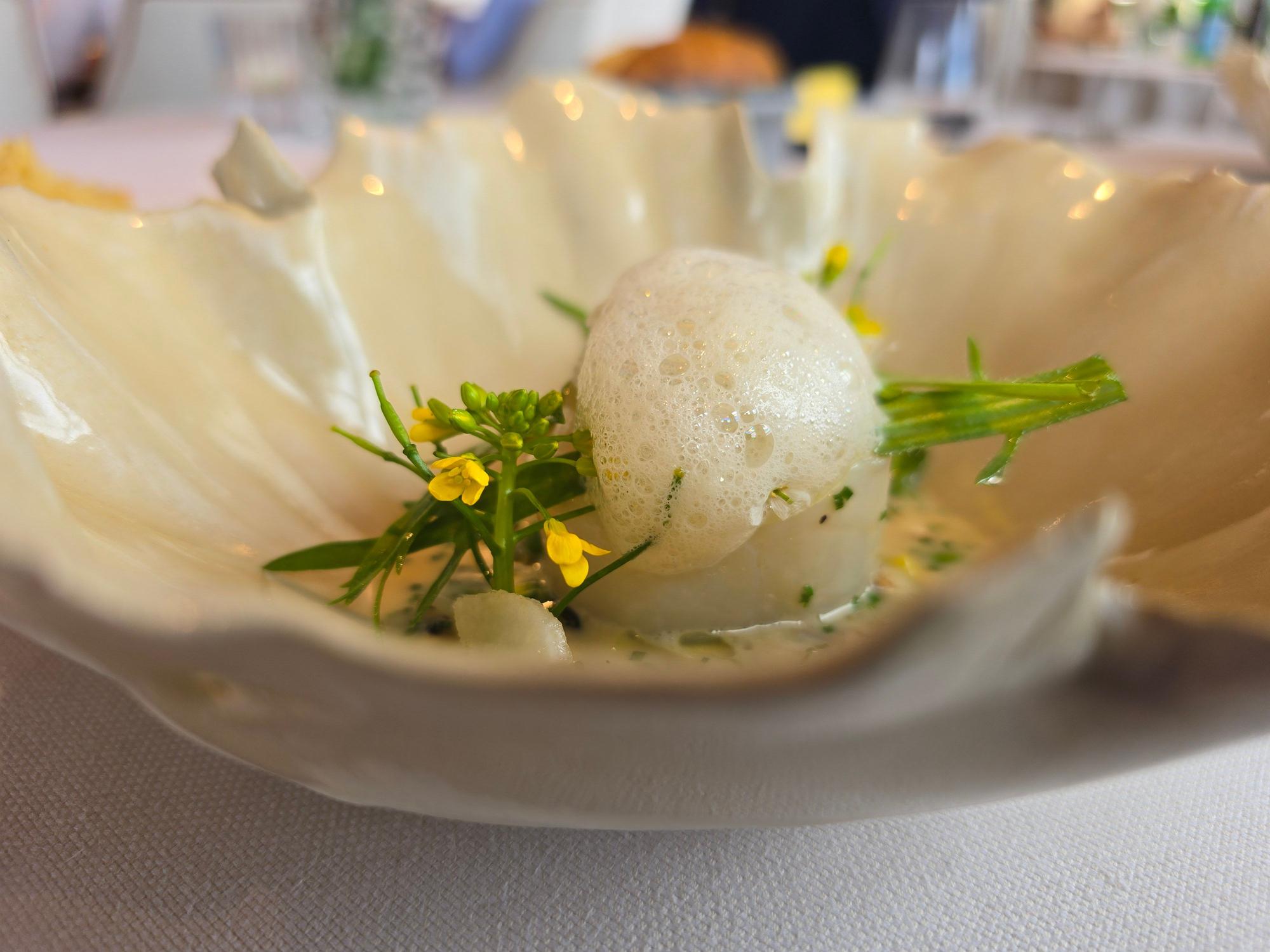 Ein Teller in Blattform mit einem feinen Arrangement aus Fisch, Schaum und frischer Blüte ist zu sehen.