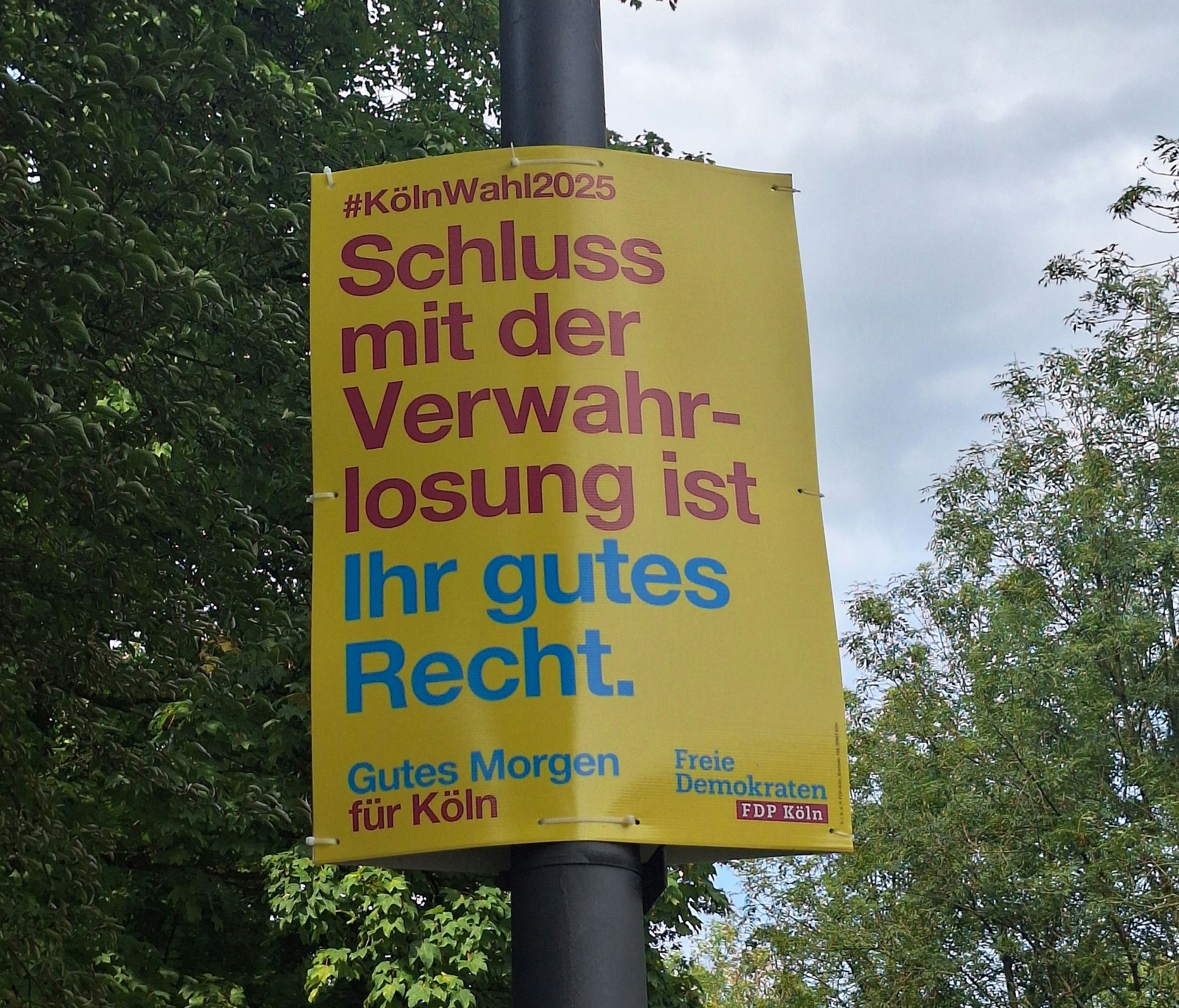 Wahlplakat von der FDP mit dem Spruch: "Schluss mit der Verwahrlosung ist Ihr gutes Recht"