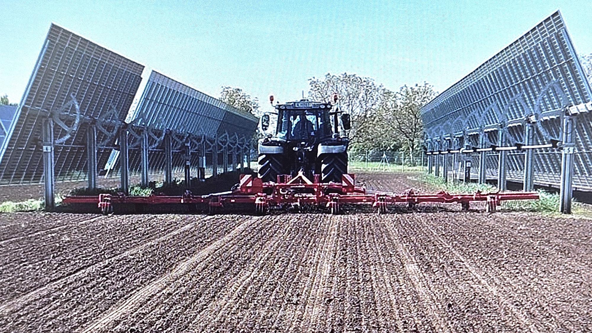 Auf einem Feld sind Solarmodule aufgestellt, dazwischen fährt ein Traktor.