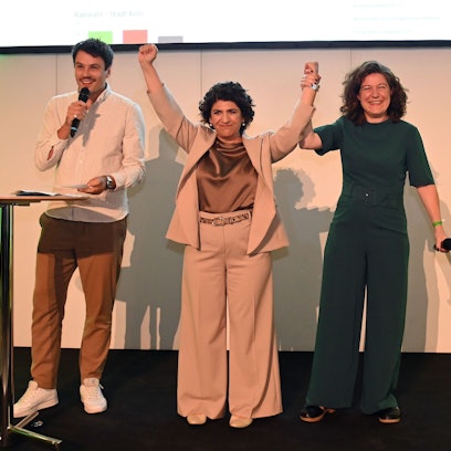 14.09.2025 Köln. Kommunalwahl 2025 B90/Die Grünen: Wahlabend der Kölner Grünen im Gürzenich. Nach der Prognose für Köln. Foto: Alexander Schwaiger