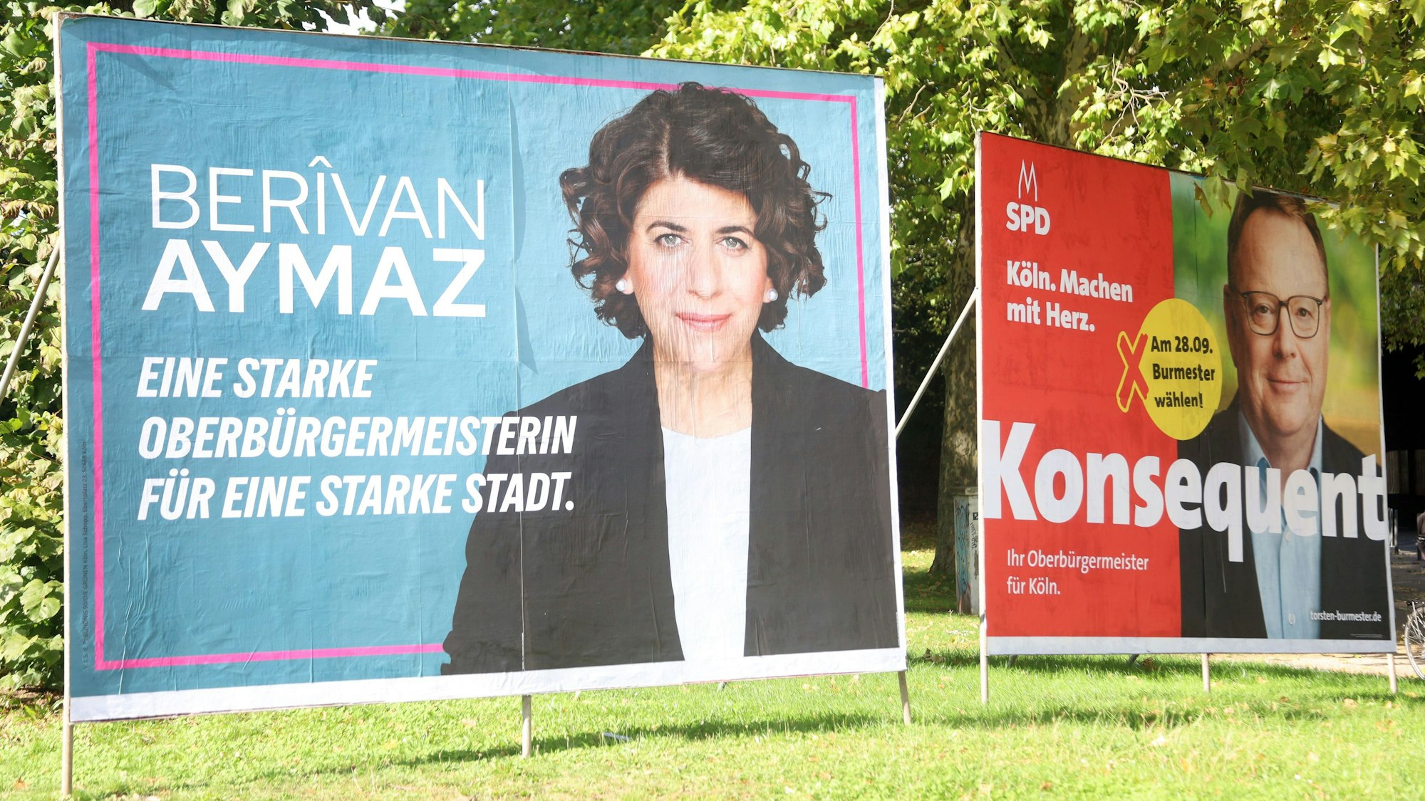 Zwei Wahlplakate zeigen Berivan Aymaz (Grüne) und Torsten Burmester (SPD).
