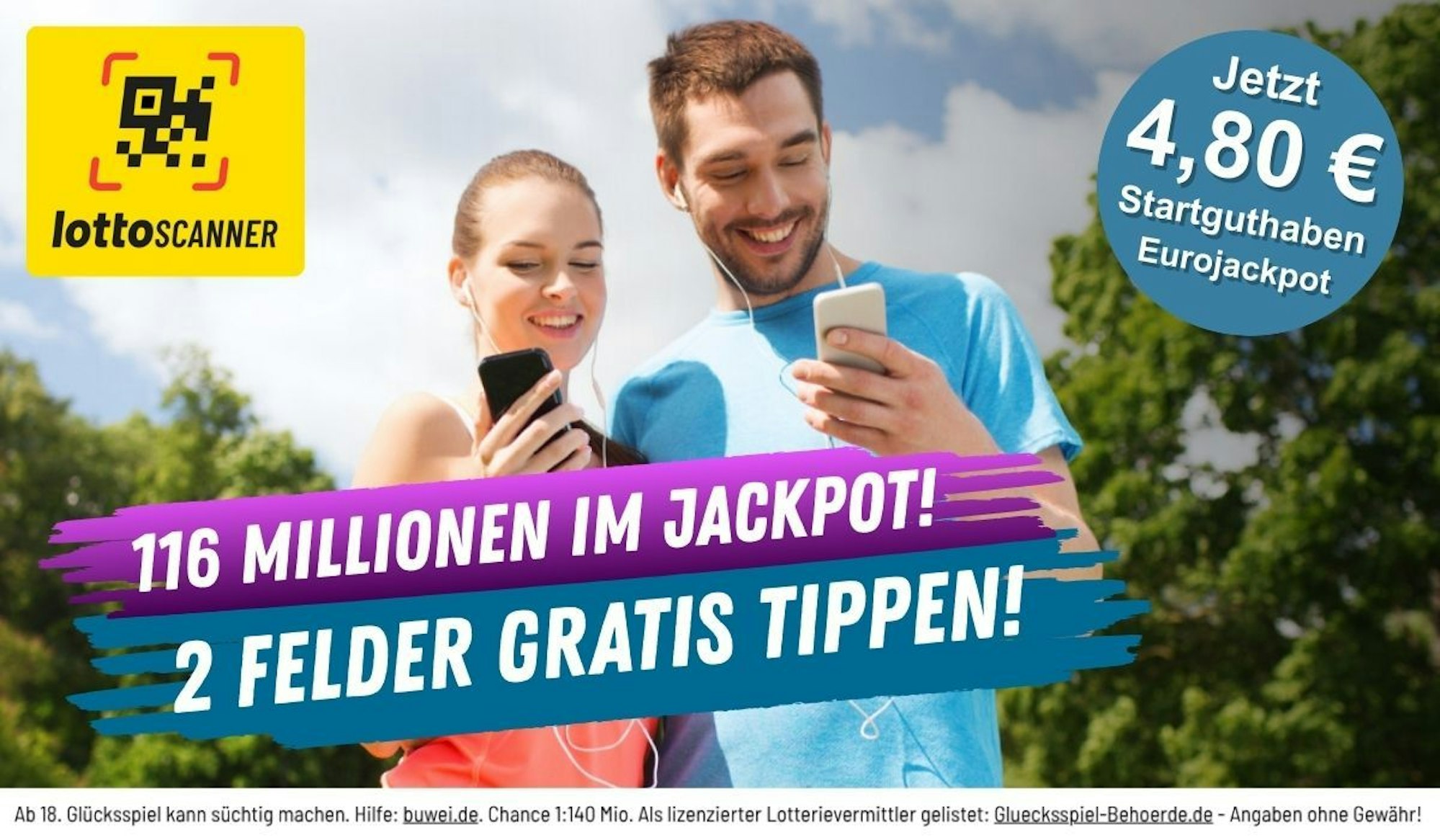 Mann und Frau stehen im Park mit Handy in der Hand, sie schauen lächelnd darauf. Logo von Lotto Scanner und Schriftzug 116 Millionen im Eurojackpot auf dem Bild.