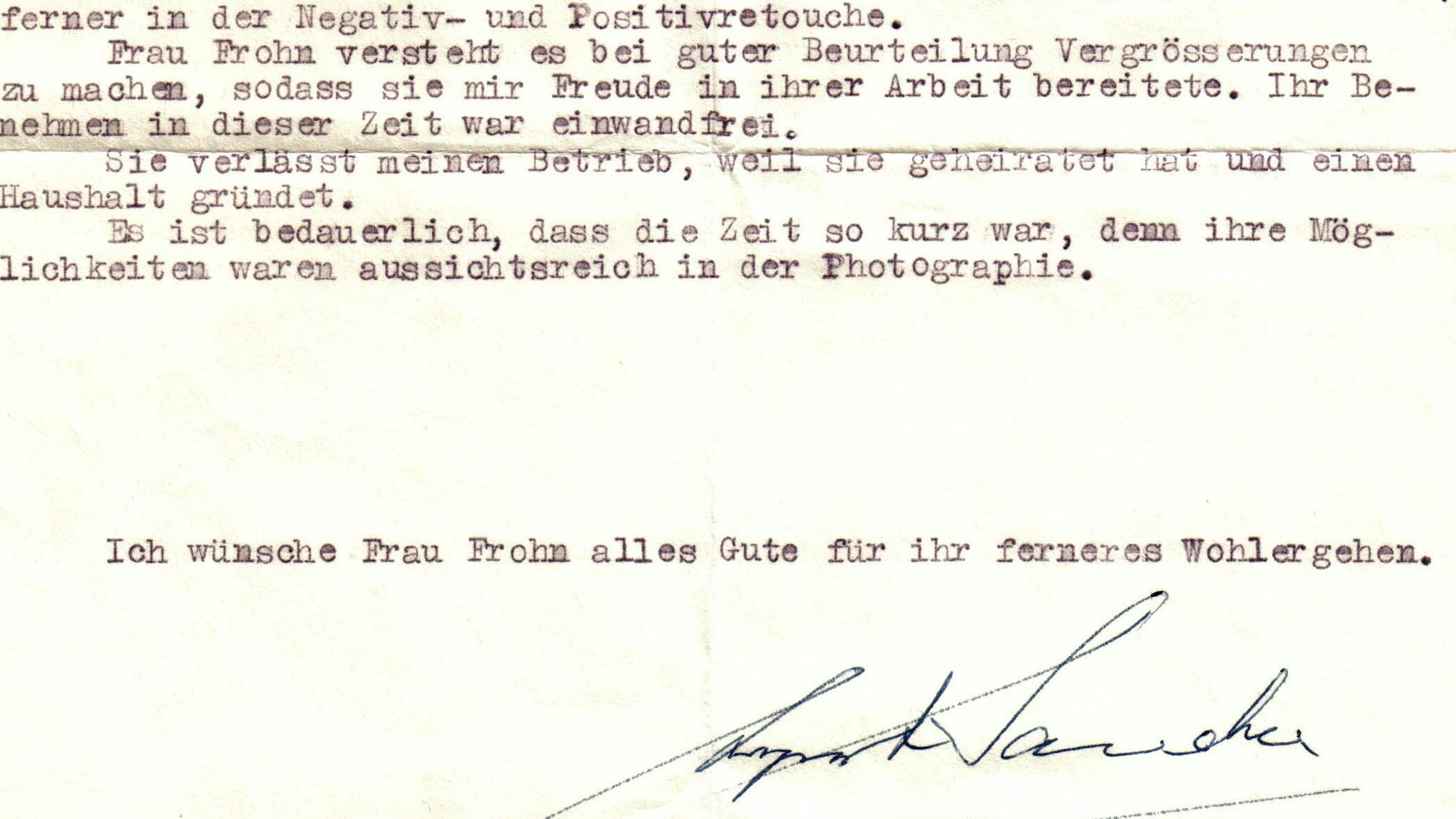 Das Zeugnis, das August Sander für seine Auszubildende Inge Jansen geschrieben hat.