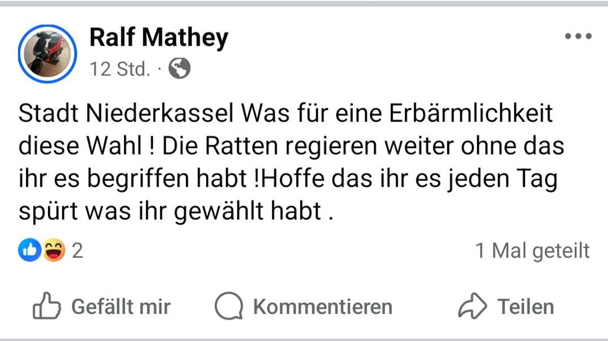 Unter anderem wegen dieses Facebook-Posts ermittelt der Staatsschutz gegen das neugewählte Niederkasseler Ratsmitglied Ralf Mathey (AfD).