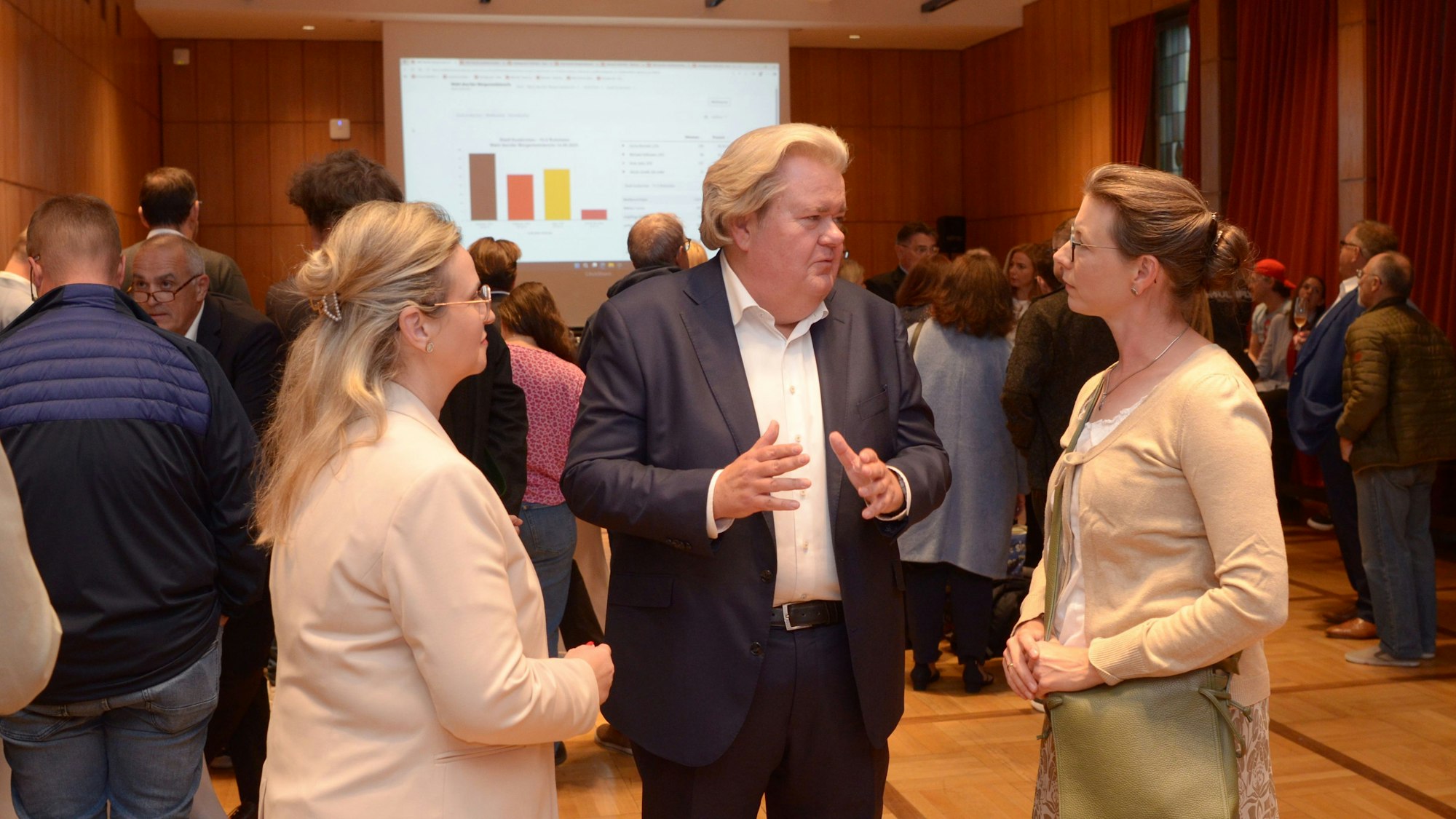 Zwei Frauen und ein Mann unterhalten sich miteinander. Im Hintergrund stehen weitere Menschen, einige schauen auf eine Leinwand mit Wahlergebnissen.