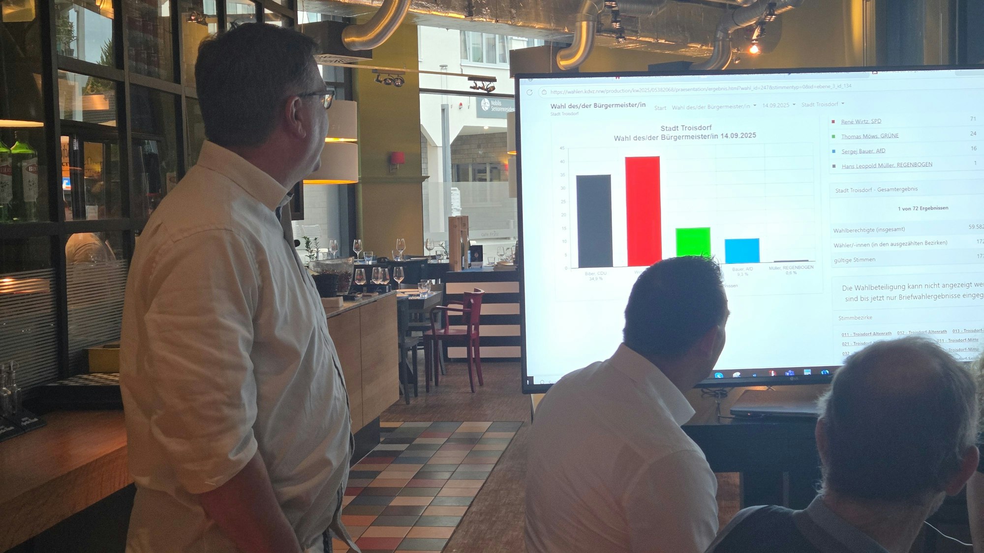 Kommunalwahl in Troisdorf: Der grüne Bürgermeisterkandidat Thomas Möws schaut gebannt auf den Bildschirm mit den Wahlergebnissen. Hier wie nahezu überall im Rhein-Sieg-Kreis stürzten die Grünen ab und zog die AfD mit deutlichem Gewinn in den Stadtrat ein.