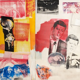 Eine Collage aus Farbflächen und Zeitungsausschnitten.