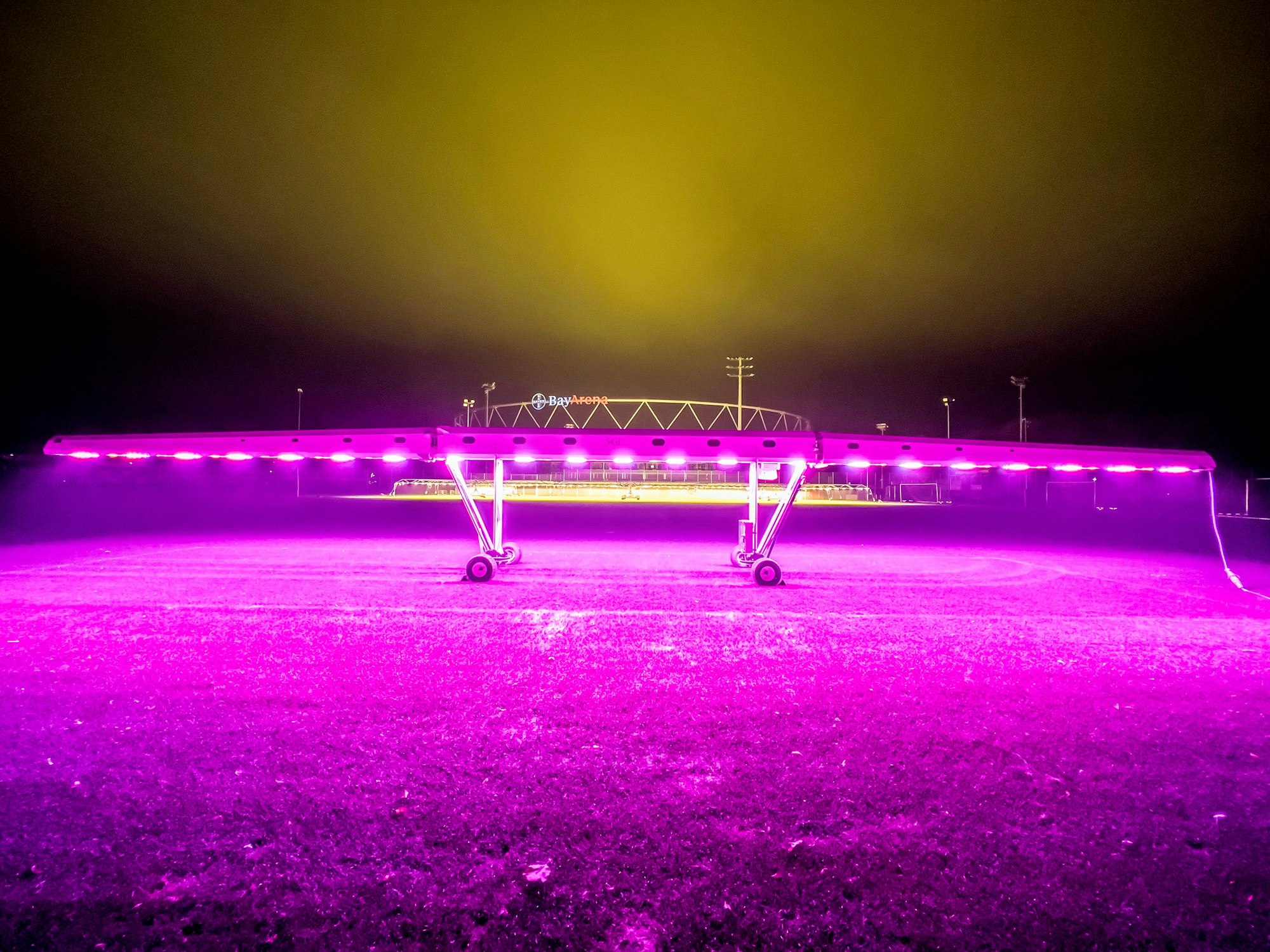 Bayer 04 lässt den rasen im Stadion und auf den Trainingsplätzen nachts mit Pflanzlampen bestrahlen, was je nach Wetterlage in Wiesdorf im Himmel widerscheint. Foto: Ralf Krieger