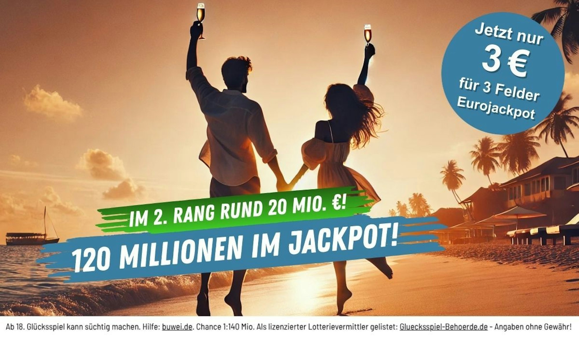 Ein Mann und eine Frau springen am Strand vor dem Sonnenuntergang fröhlich in die Luft. Darunter Schriftzug 120 Millionen im Eurojackpot, rund 20 Millionen im 2. Rang.