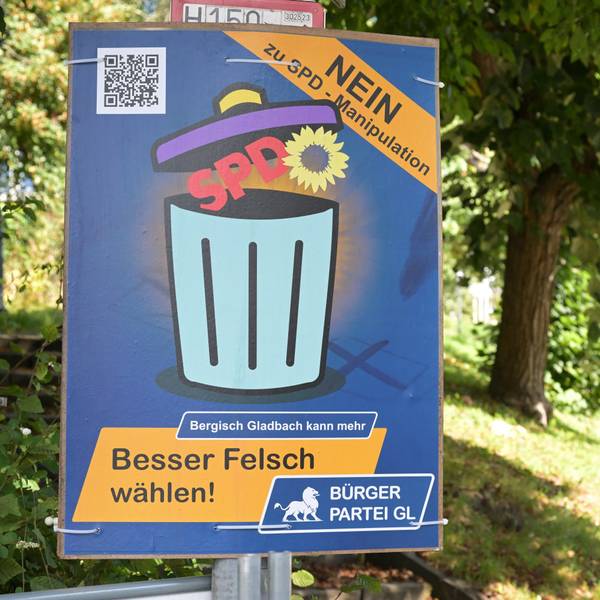 Mit diesem Wahlplakat wirbt die Bürgerpartei GL für Alexander Felsch, den Kandidaten von CDU und FDP.