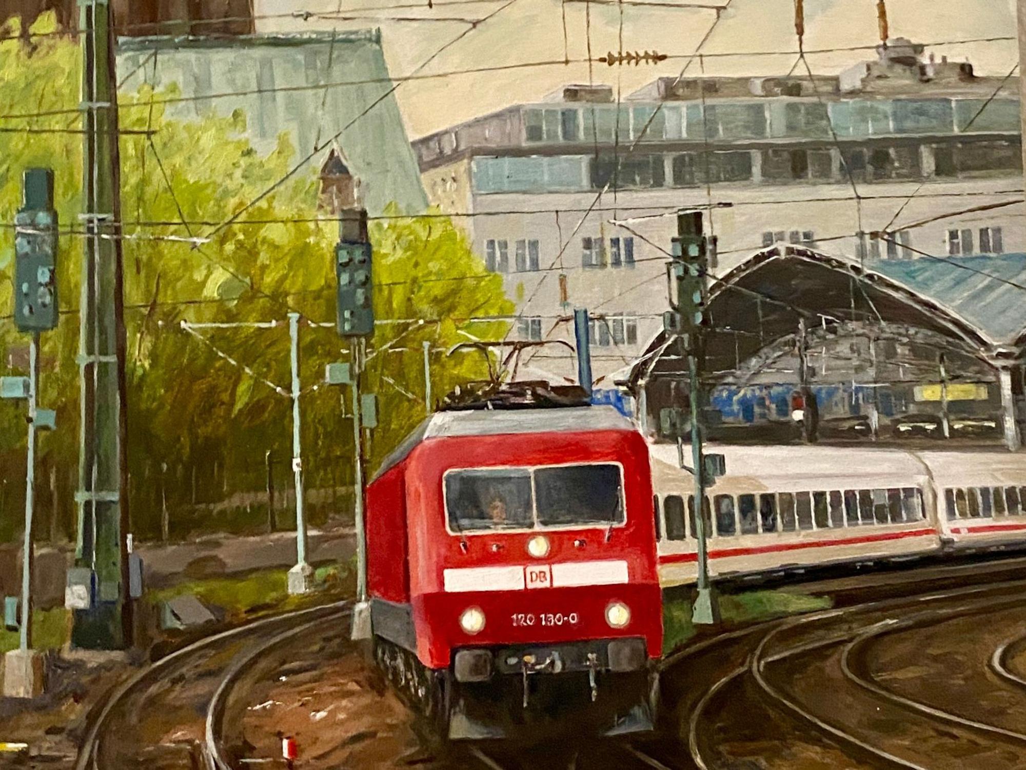 Auf dem naturalistisch gemalten Ölbild sieht man einen Zug, der aus dem Kölner Hauptbahnhof herausfährt.