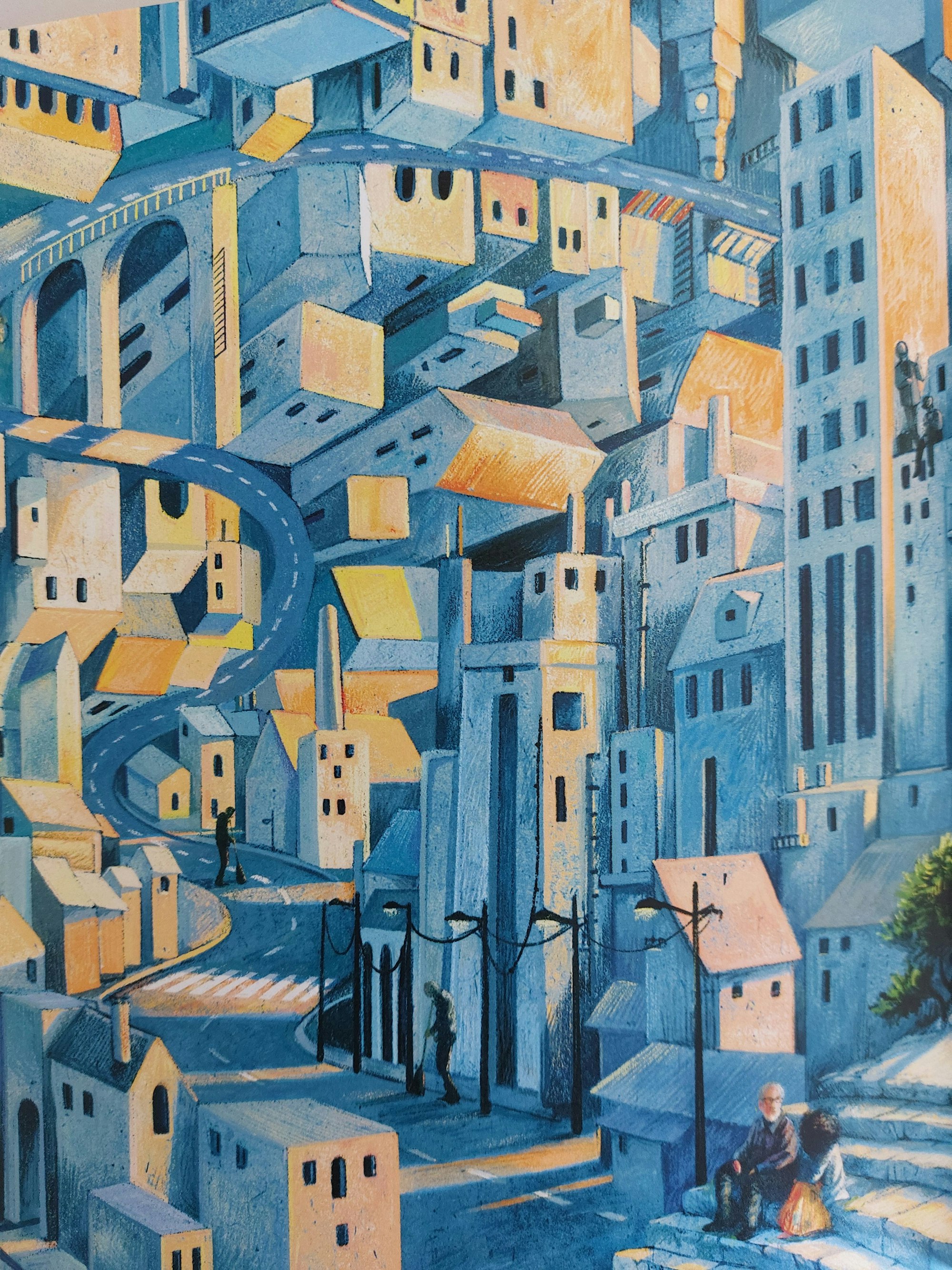 Bilderbuchdarstellung einer surrealistischen Stadtlandschaft