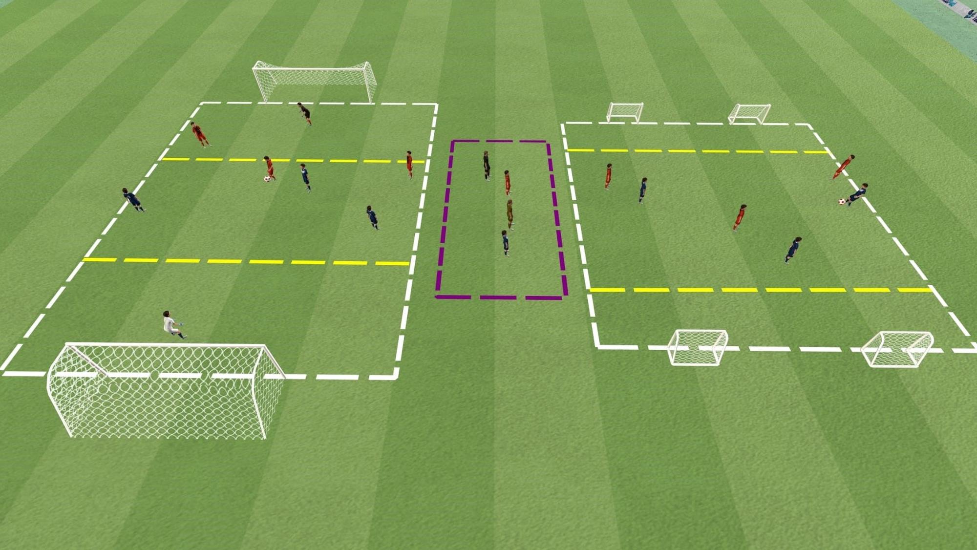 Aufbauschema im Kinderfußball bei einem Spielefestival: Auf dem linken Feld kicken die Spieler auf Jugendtore, rechts wurden vier Minitore aufgebaut.