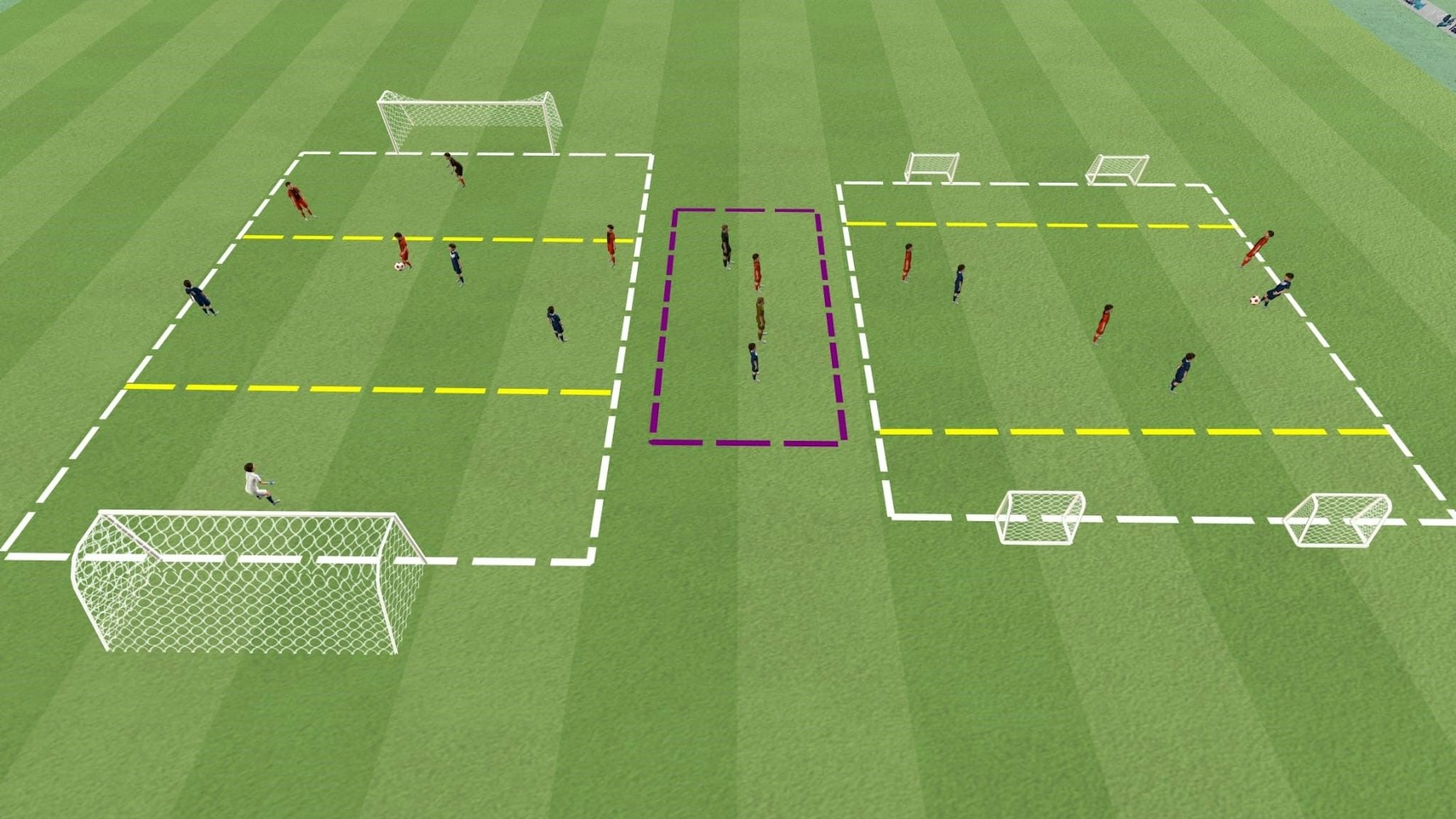 Aufbauschema im Kinderfußball bei einem Spielefestival: Auf dem linken Feld kicken die Spieler auf Jugendtore, rechts wurden vier Minitore aufgebaut.