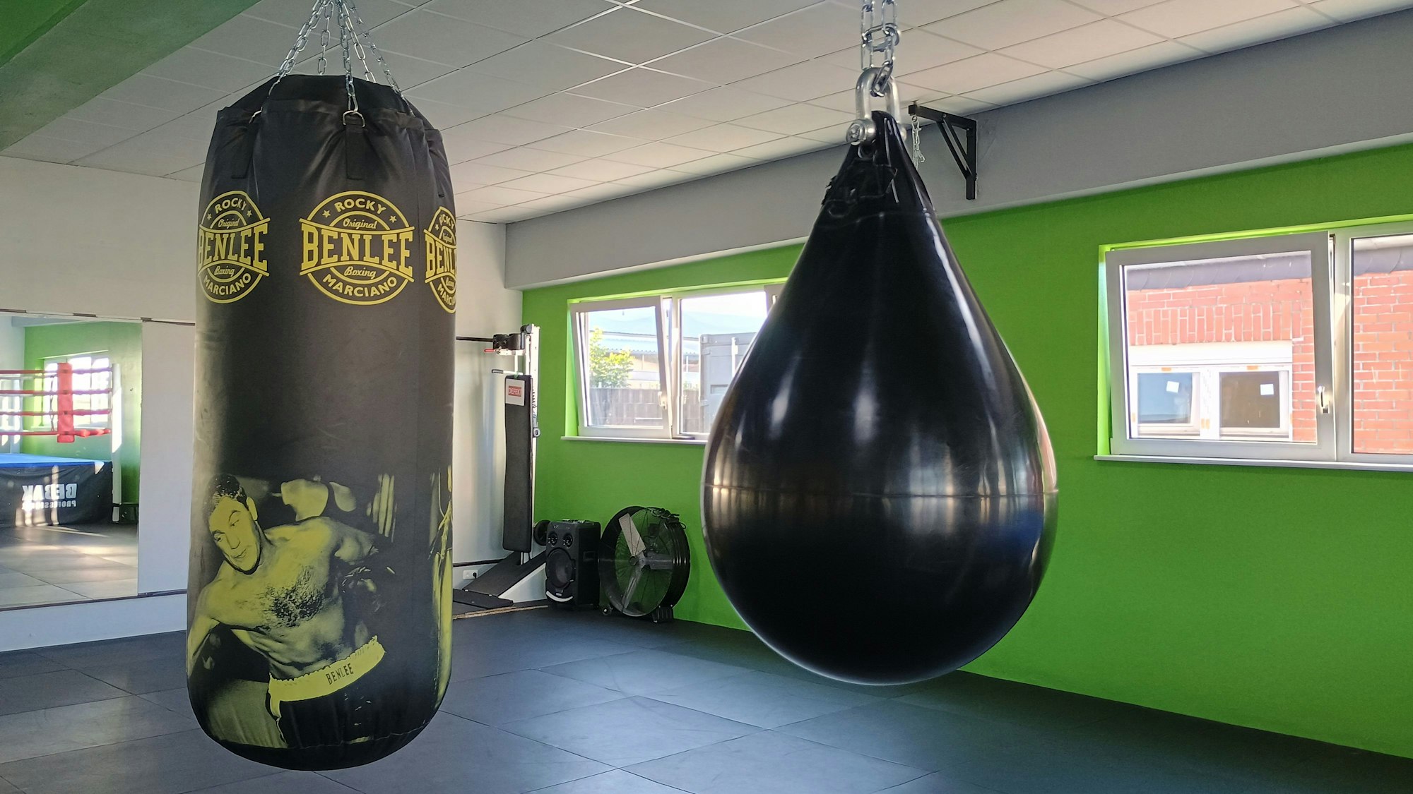 Zu sehen sind der Boxsack und eine Boxbirne.