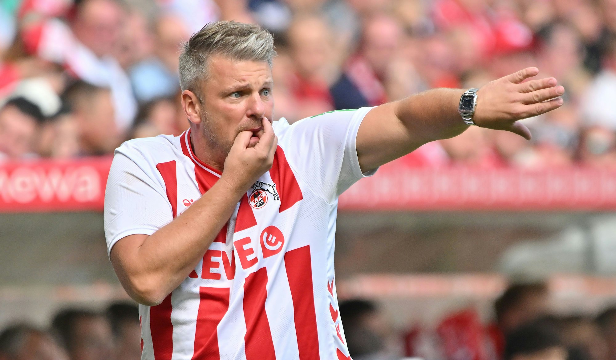 Lukas Kwasniok steht am Spielfeldrand und pfeift.