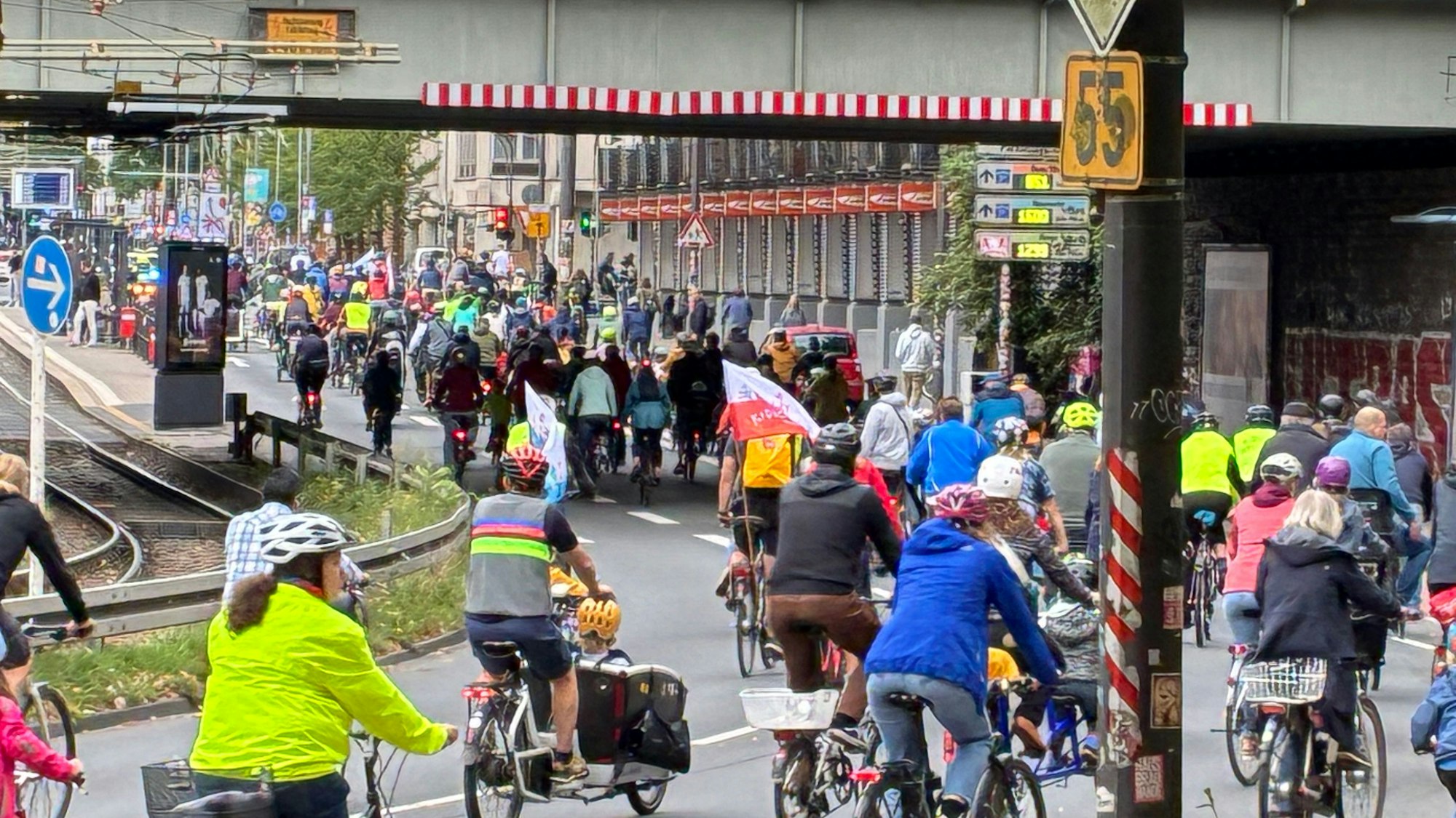 Hunderte Radfahrerinnen und Radfahrer fahren gedrängt auf einer Straße.