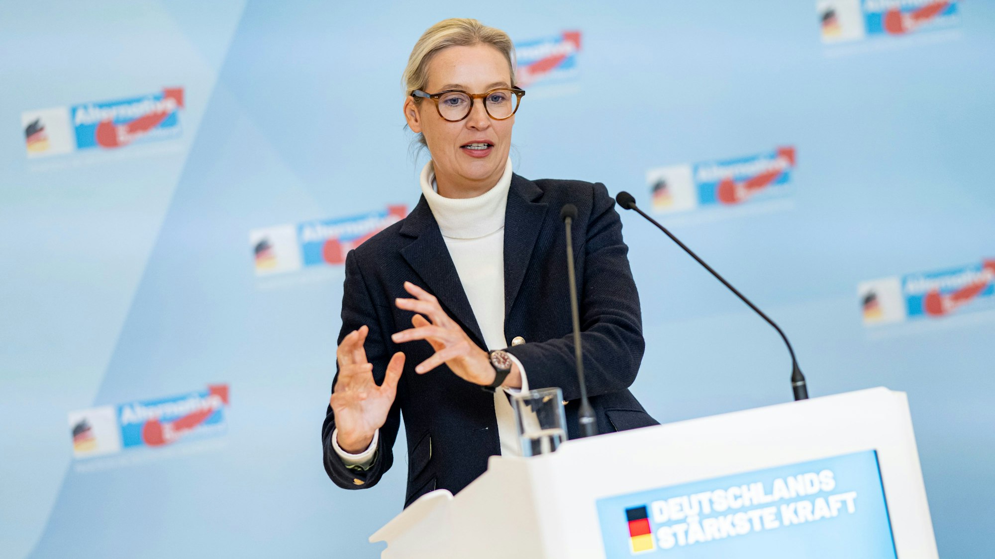 Alice Weidel, Fraktions- und Bundesvorsitzende der AfD, gibt vor der Fraktionssitzung ein Statement.