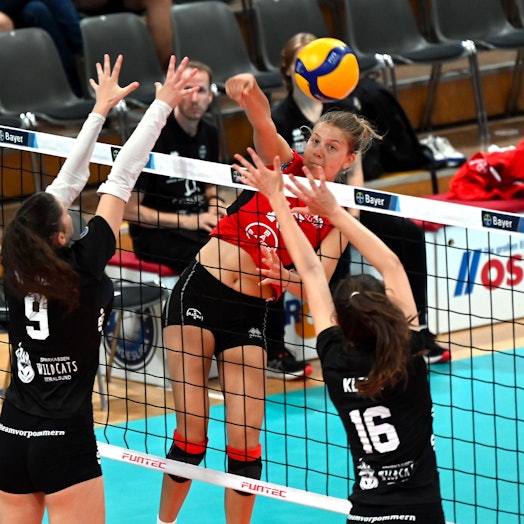 20.09.2025, Volleyball-Bayer Leverkusen-Stralsund
hinten: Betty Lange (Bayer)
Foto: Uli Herhaus